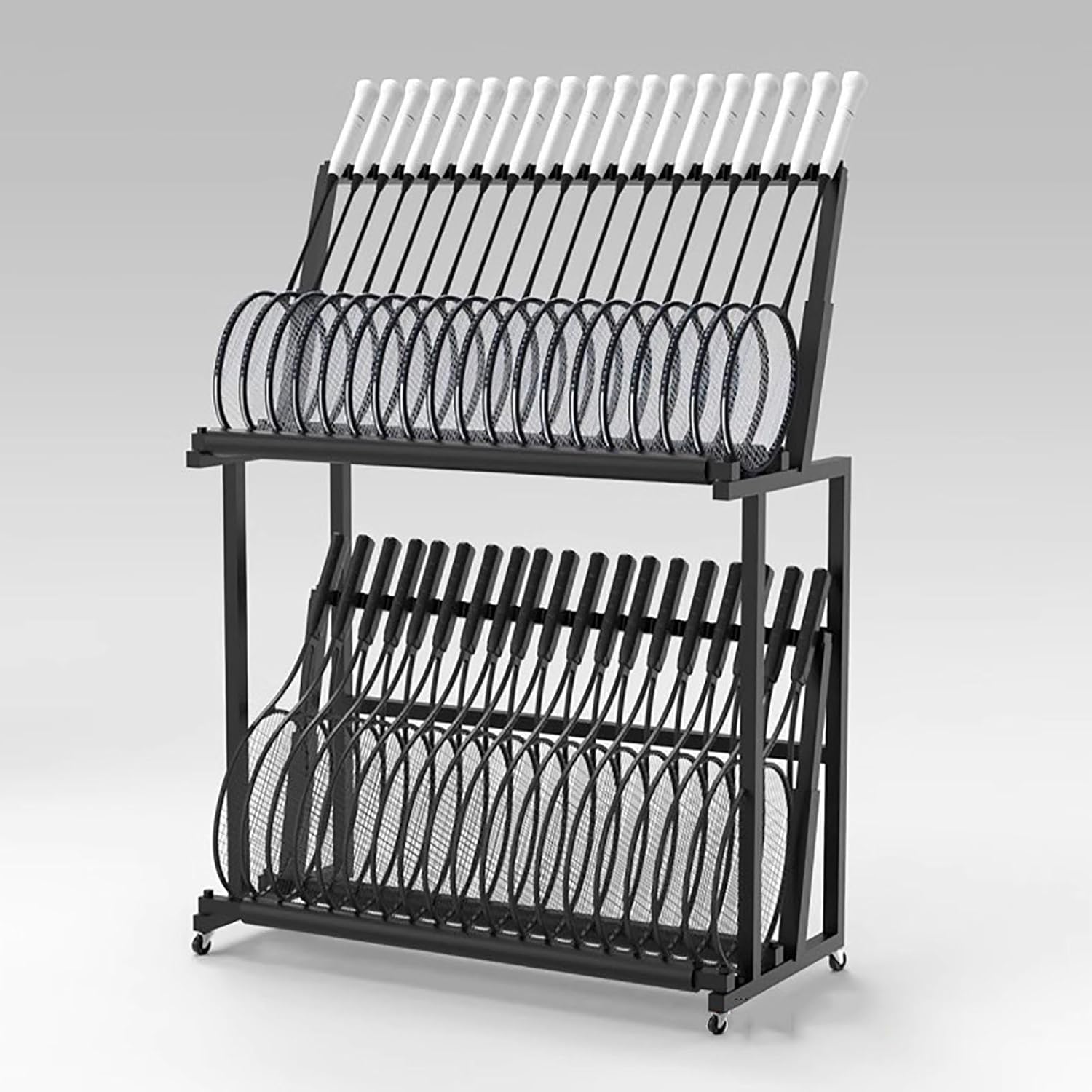 Commercial Mobile Tennis Racket Rack Holder Adult Racquets Storage Organizer, Floor-Standing 2 Layer Badminton Racket Display Stand with Wheels, Hold 18-38 Rackets (Size : W 90cm/35.4in) ( W 90cm/35.