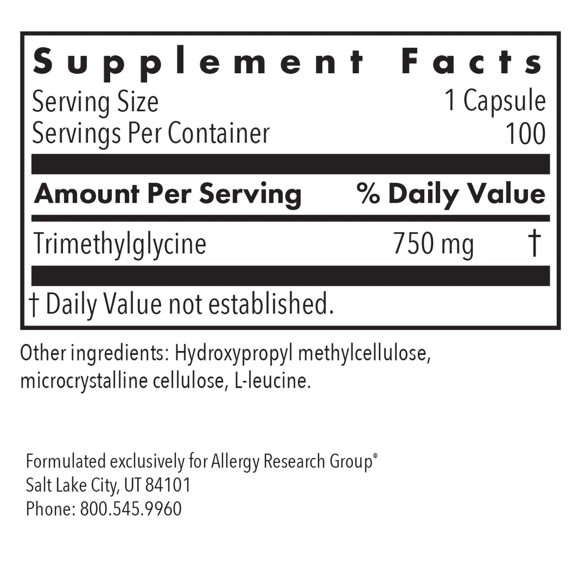 ARG TMG Trimethylglycine 750 mg Cardiovascular, 100 Capsules — Amazon image 2