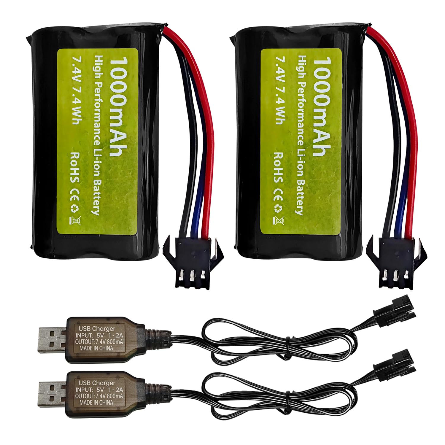2PCS 7.4V 1000mah 2S Batterie Li-ION avec Prise SM-3P et 2PCS câble de Charge USB pour DE82 TK3086B G20601 RC Car TK-3082B Batterie pour Voiture de Cascade C60 Camion