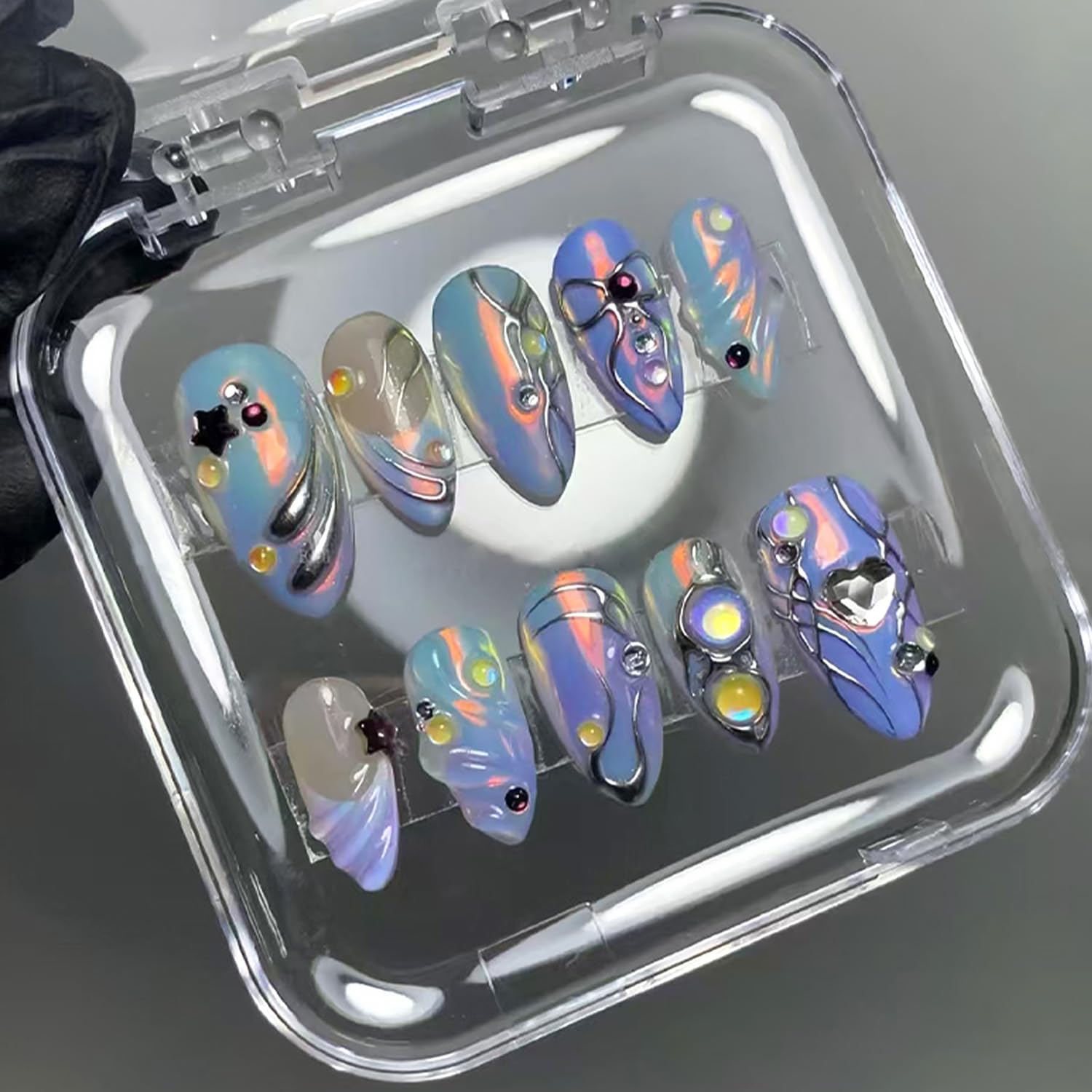 24Pcs Purple French Tip Press on Nails Medium Almond Fake Nails with Black 3D Star Colorful Ripple Design Handmade False Nails Full Cover Artificial