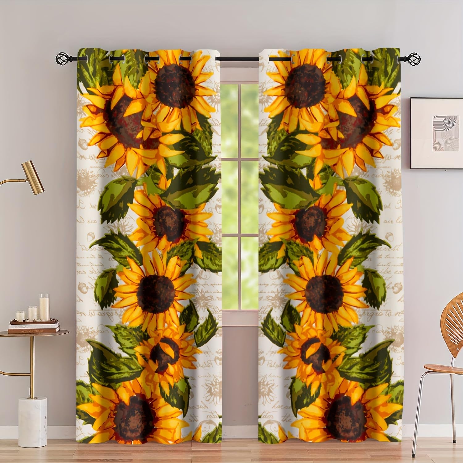 SMXVRC Vintage Sunflower Insulated Thermal Window Curtains Farm Yellow Flower Decorative Grommet Curtain Drapes Full Room Darkening With Black Liner Privacy Drapes for Bedroom, W55 x L63 x 2 Panels