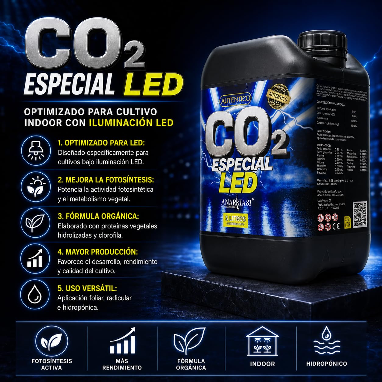 CO2 Especial LED 5 L – Fertilizante Orgánico Líquido para Cultivo Indoor con Iluminación LED - Anarkia81