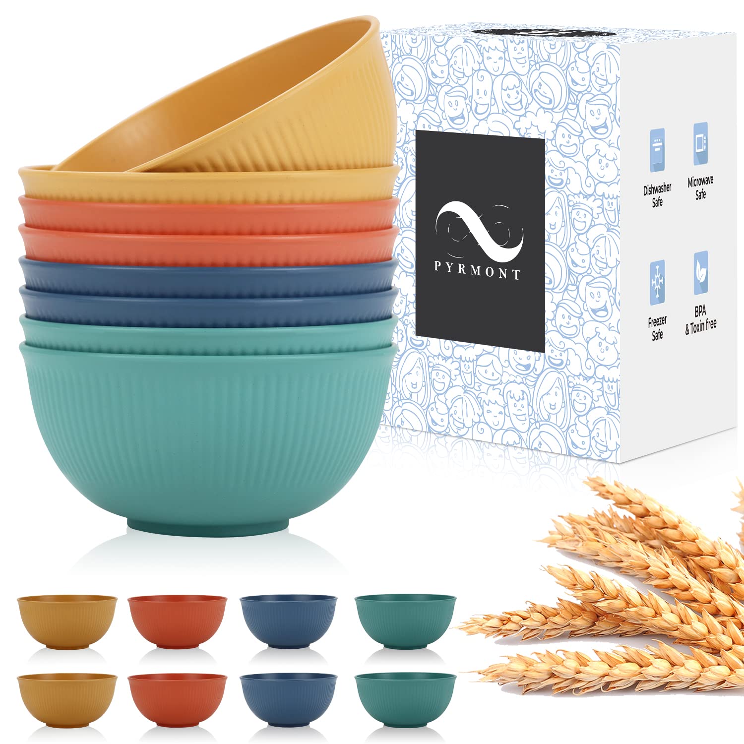 PYRMONT 26 OZ Plastic Soup Bowls - Set of 8 Unbreakable Kids Bowls, Dishwasher & Microwave Safe, BPA-Free