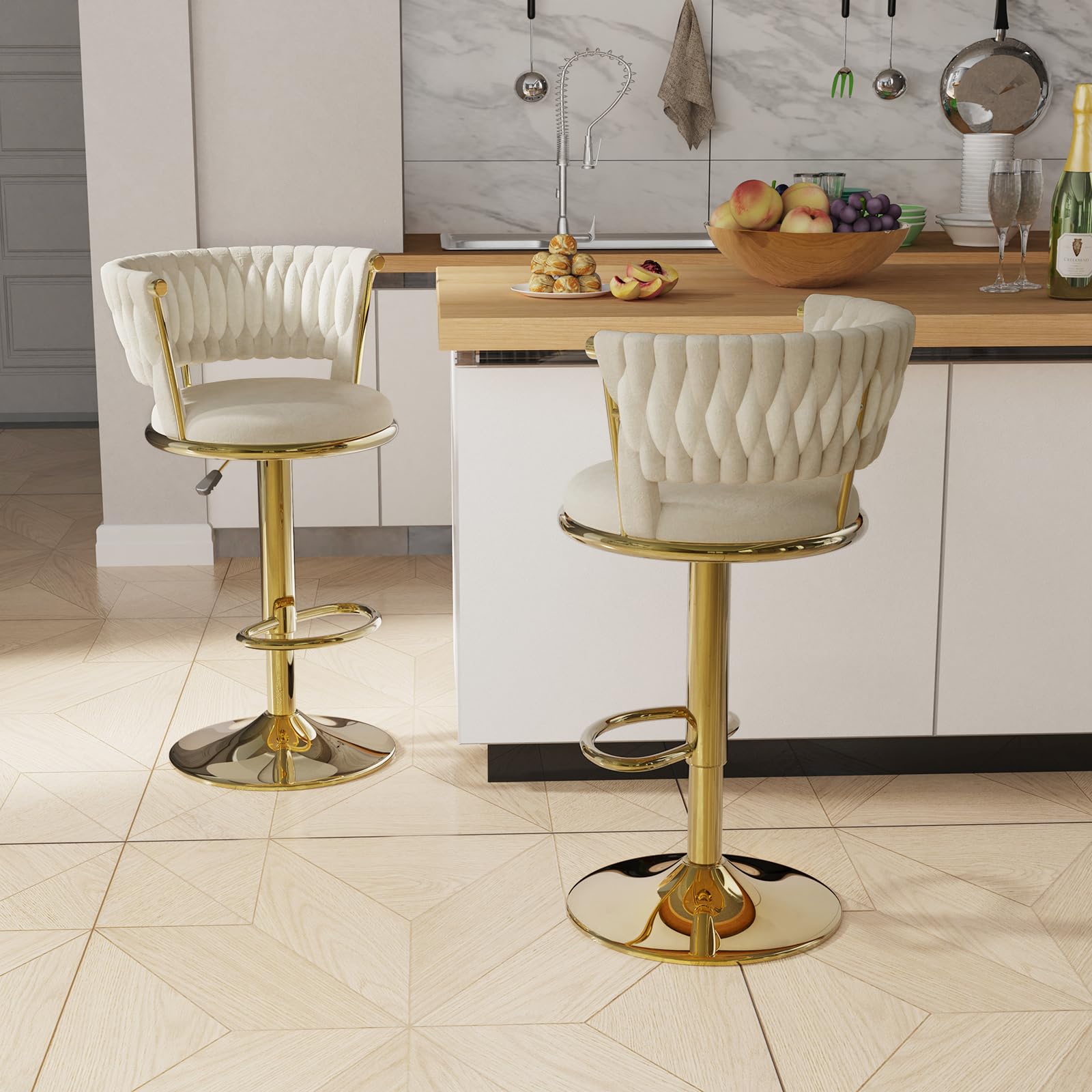 Set di 1 Sgabelli da Bar in Velluto Sgabelli Cucina Moderni Sgabello Cucina Regolabile in Altezza con Schienale Girevoli Sedia Cucina Alta (Oro)