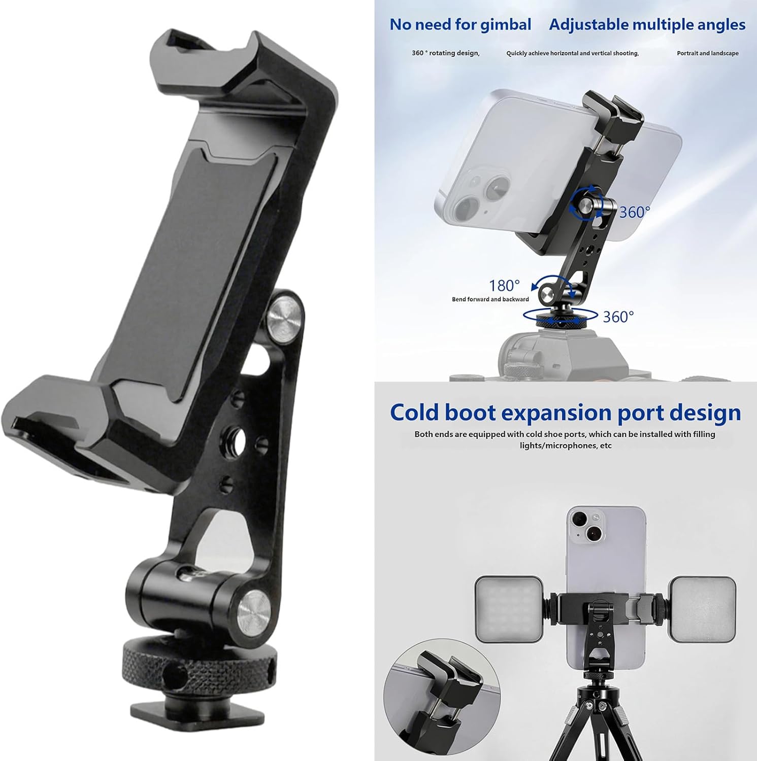 360 Degree Rotating Aluminum Phone Mount with Cold Shoe Adapters Brackets for DSLR Cameras and Smartphones