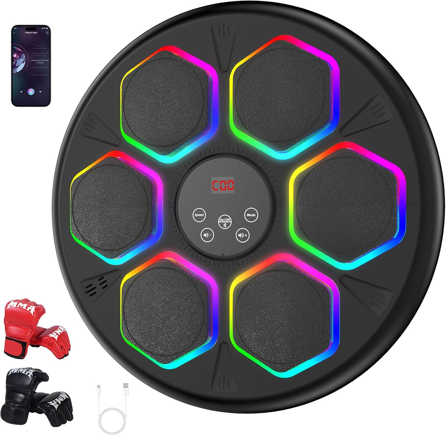 GAINO Music Boxing Machine, Smart Bluetooth Boxing Machine for Adults & Kids with 2 Boxing Gloves, 12 Modes/Speeds, Wall Mounted Music Boxing Workout Equipment for Home Office Gym(Black)