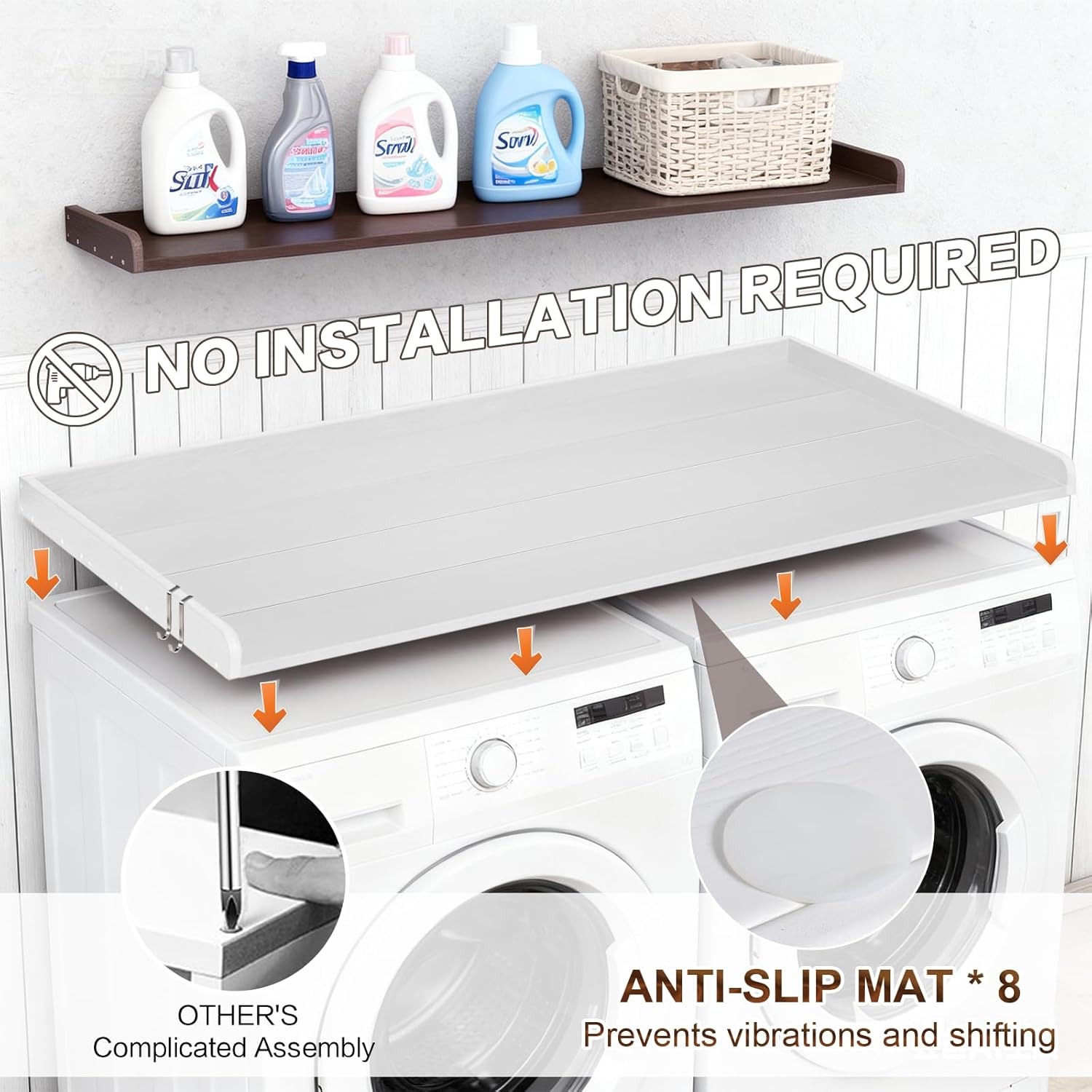 Washer Dryer Countertop, HDPE Laundry Countertop with Edge Rails, No-Installation-White
