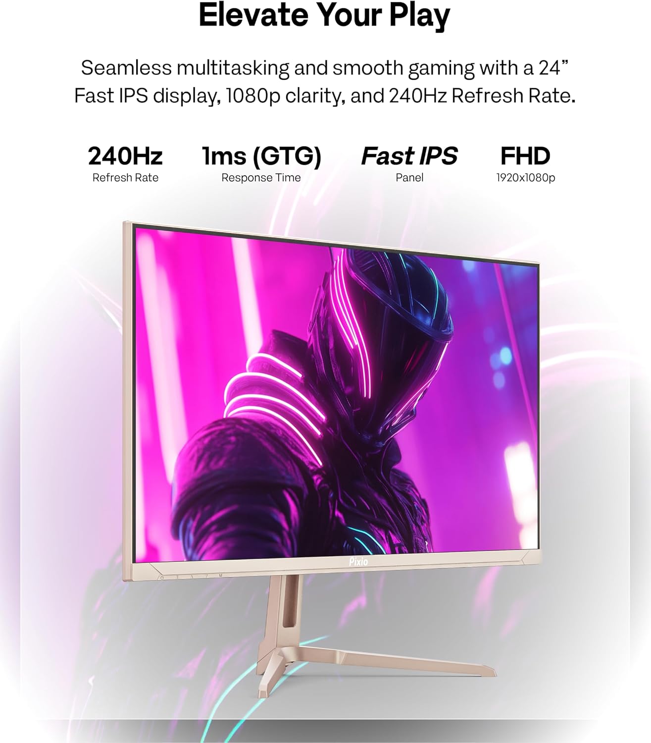 Pixio PX249 Wave Pink Rose Gold 24 inch 240Hz Refresh Rate FHD 1080p Resolution Fast IPS Panel 1ms GTG Response Time Built-in Speakers Gaming Monitor with Adaptive Sync