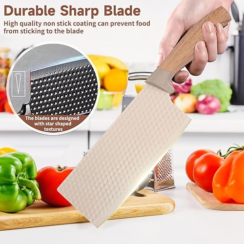 Miniatura 4 de Juego de cuchillos de cocina, juego de 6 cuchillos de cocina caqui con bloque de cuchillos, cuchillas afiladas de acero inoxidable antiadherentes,