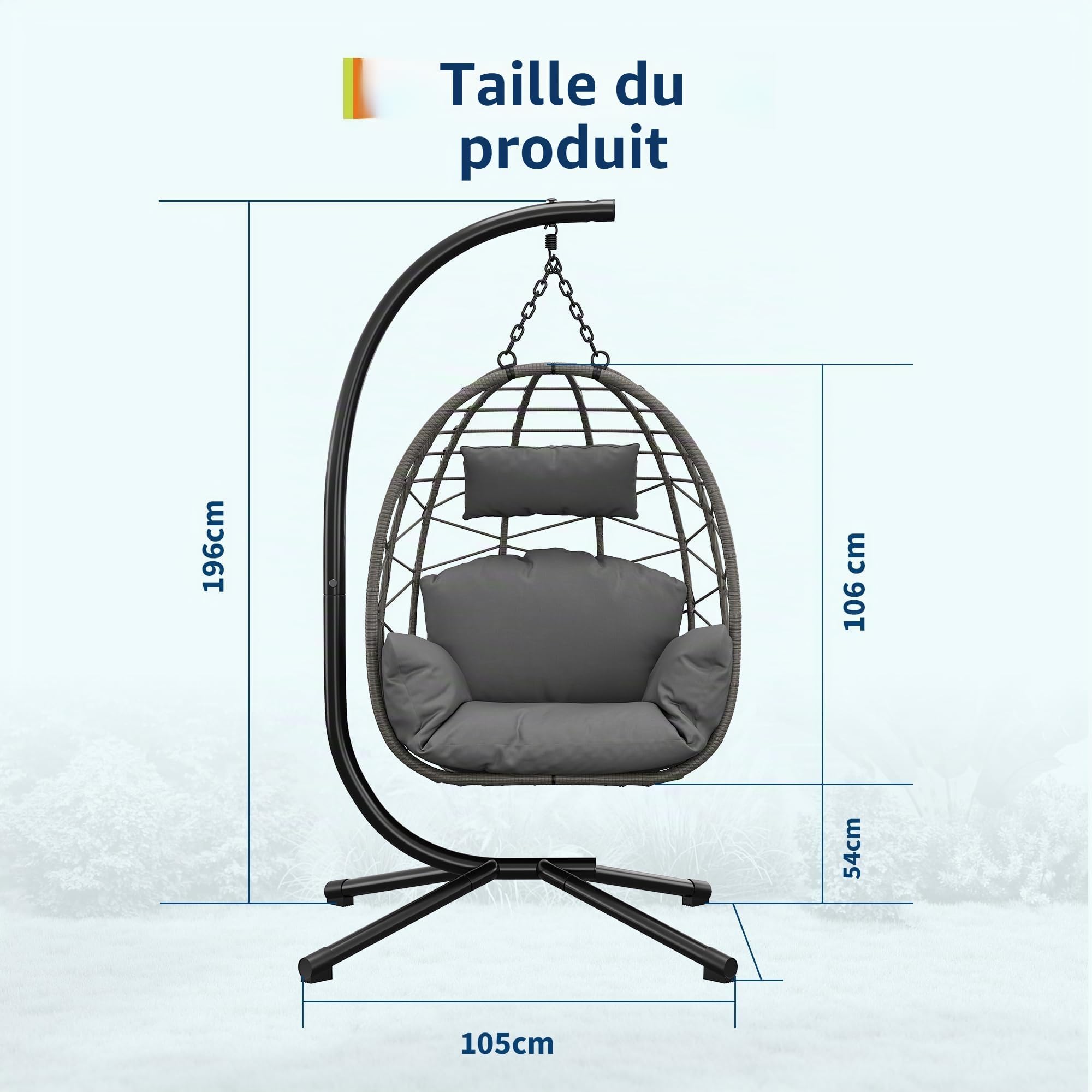 Fauteuil Suspendu Extérieur avec Support, Coussin Épais，Charge 150kg-Gris