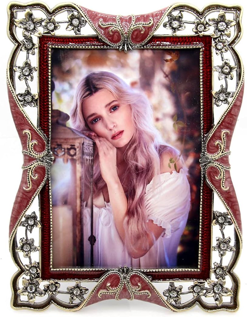 LXZ Vintage Retro Brass Plated Metal Picture Frame Decorated with Crystals - Clear Glass Front Cover - Tabletop Display Vertically or Horizontally, Size 4 x 6 Inches