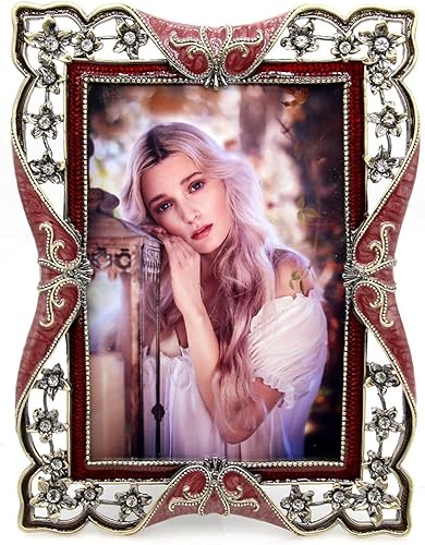 LXZ Portarretratos vintage retro de metal chapado en latón decorado con cristales, cubierta frontal de vidrio transparente, pantalla de mesa