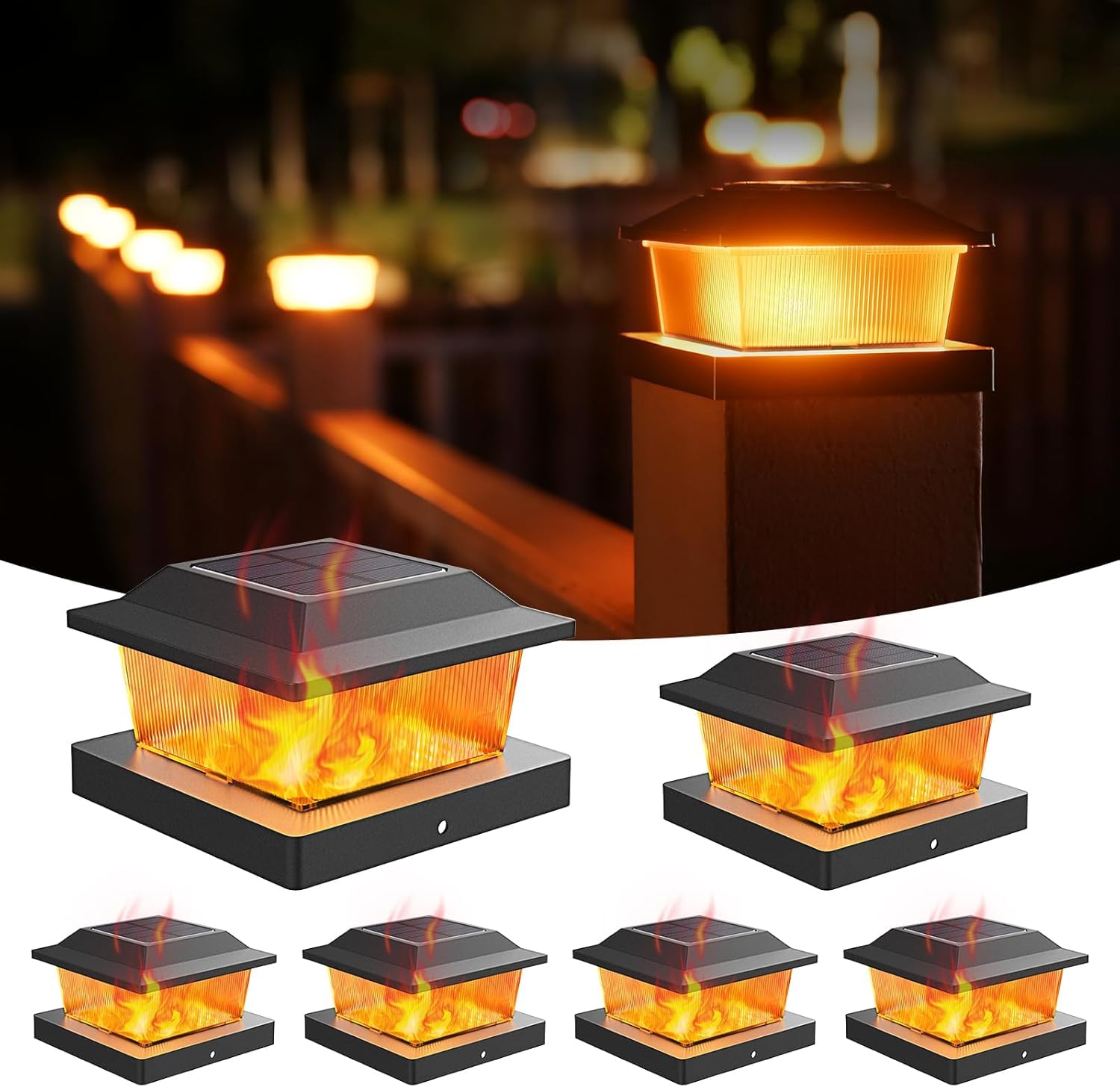 HoldOneLight Solar-Pfostenkappenleuchten, 6er-Set – warmweißer Flammeneffekt, wasserdicht (IP65), für 11 x 11 cm große Zaunpfosten, Terrassendielen und Terrassen (Flammenlampe 6packs)
