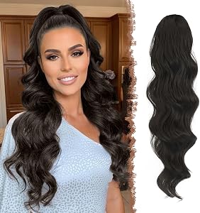 Coadă de cal extensie FESHFEN din fibră sintetică, ondulată, 24 inch (60 cm), negru natural, cu clips și panglică de fixare pentru femei și fete
