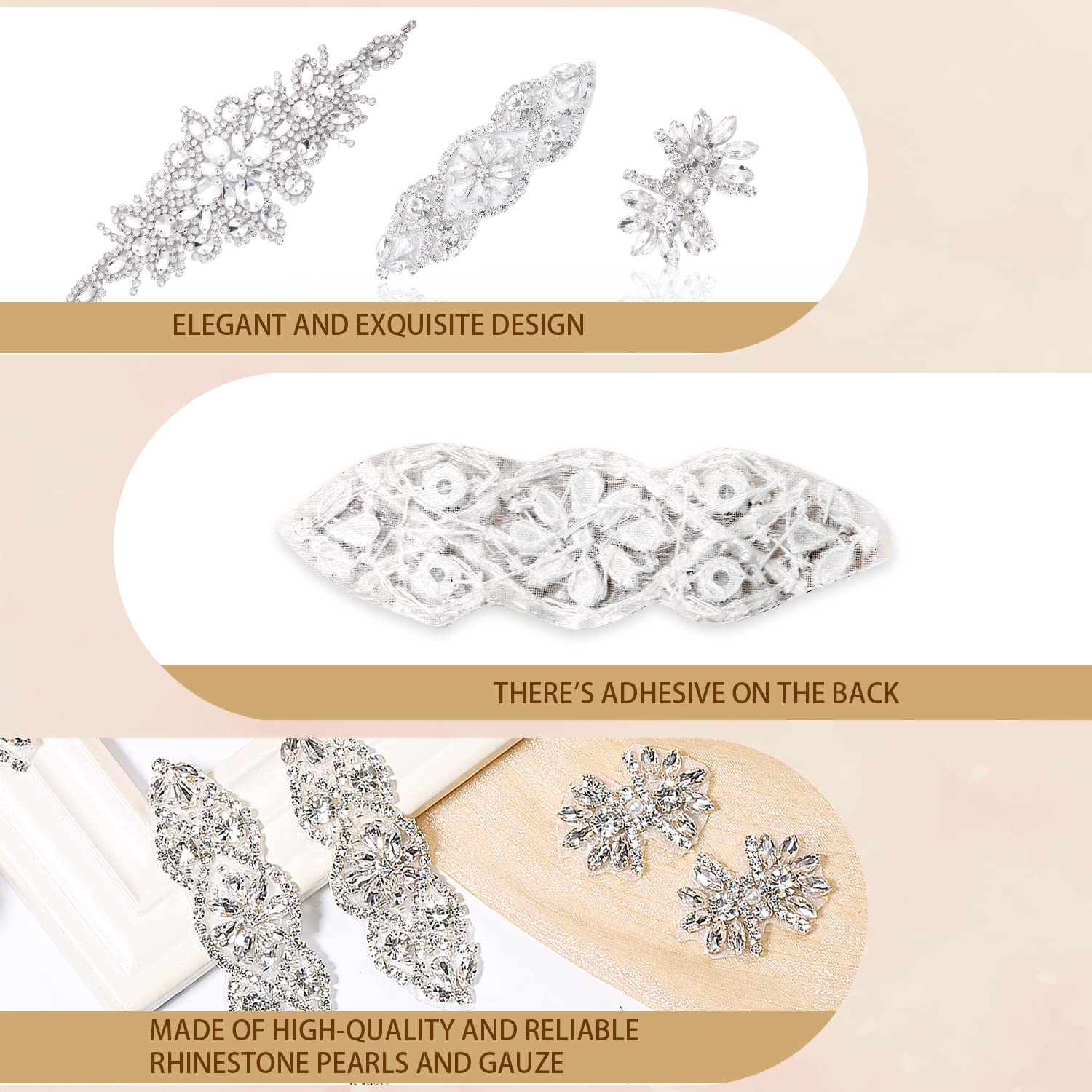Set 7 Appliques Con Strass Termoadesive - Per Abito Da Sposa, Scarpe E Capelli, 3 Stili Diversi (Argento) - Foto 6