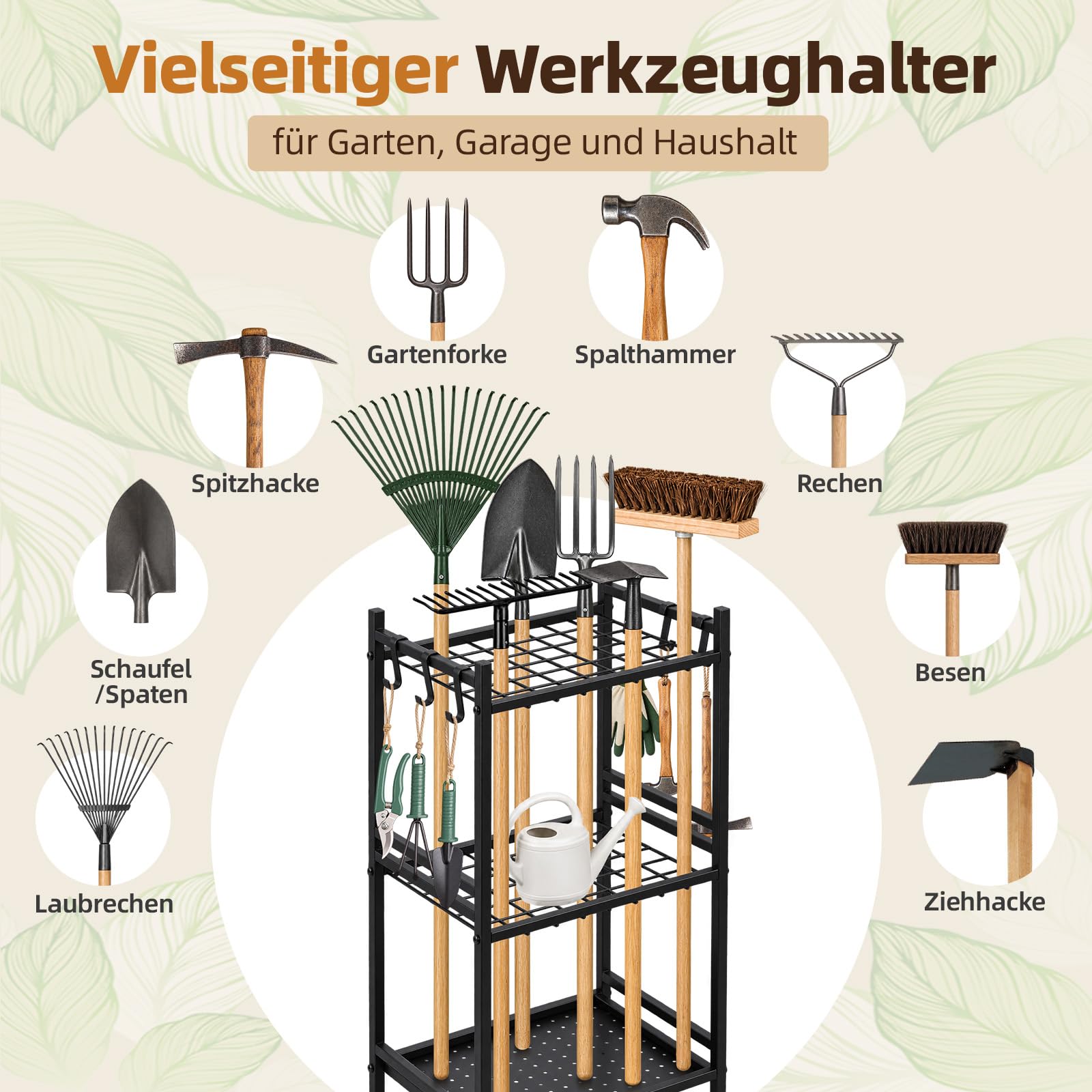 Gartenwerkzeughalter Freistehend mit Rollen, Werkzeug Organizer für Garage und Gartenhaus, Besenhalter aus Metall mit Haken