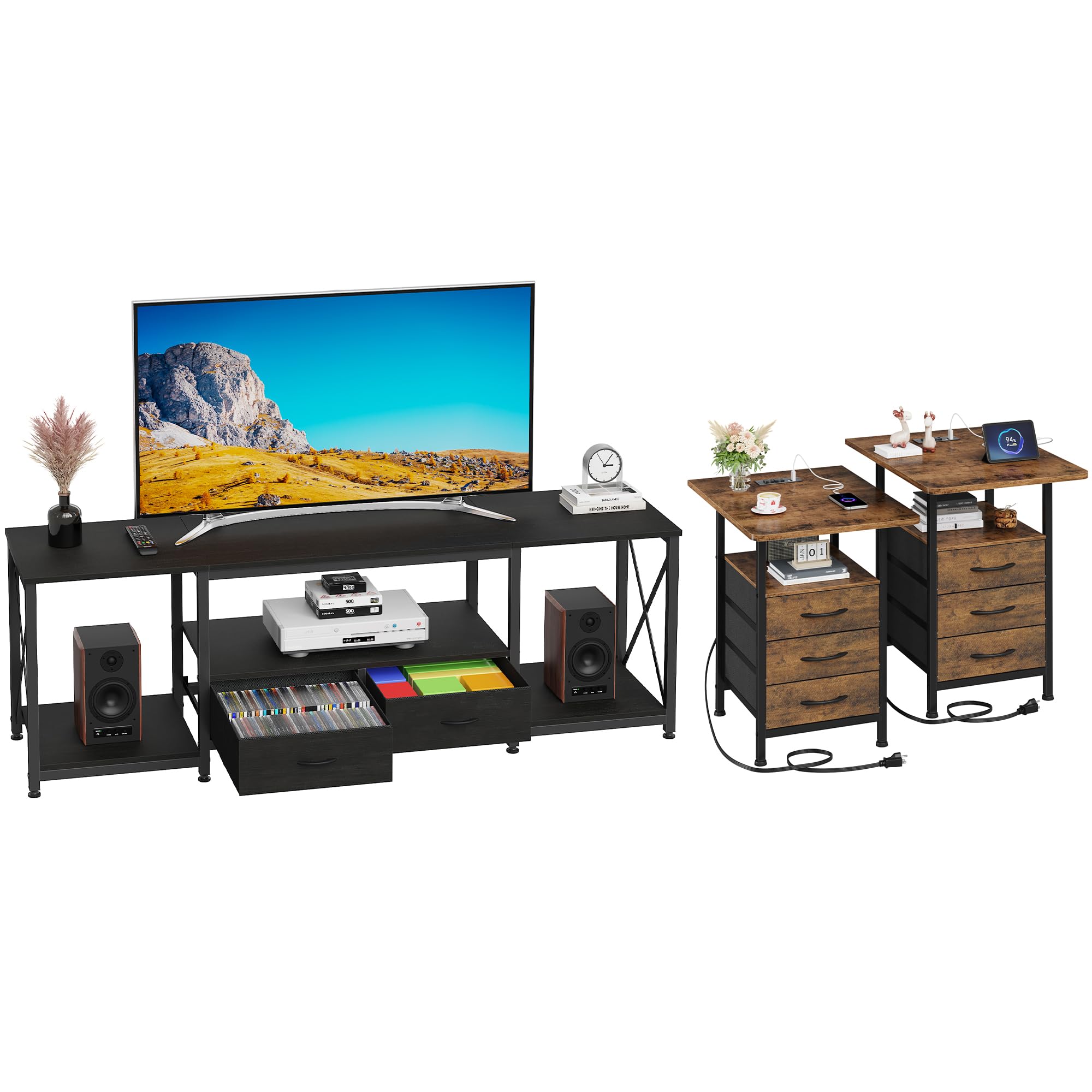 TV Stand with Drawer for 65 70 75 Inches TV, Night Stand Set 2 with 19'' L Larger Tabletop and 3 Fabric Drawer