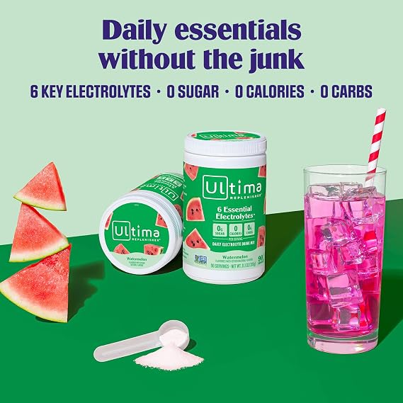 Ultima Replenisher Electrolyte Powder Drink Mix Bundle Sugar Free Watermelon, 90 Serving Canister and 20 Stickpacks 6 Electrolytes and Minerals Keto Friendly, Vegan, Non-GMO
