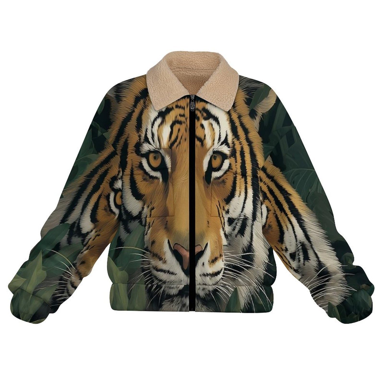 Giacca in Pile da Donna con Chiusura Lampo su Tutta la Lunghezza, Colletto Revers, Cappotto Tigre della foresta Calda Invernale con Tasche, per Escursioni e Tempo Libero