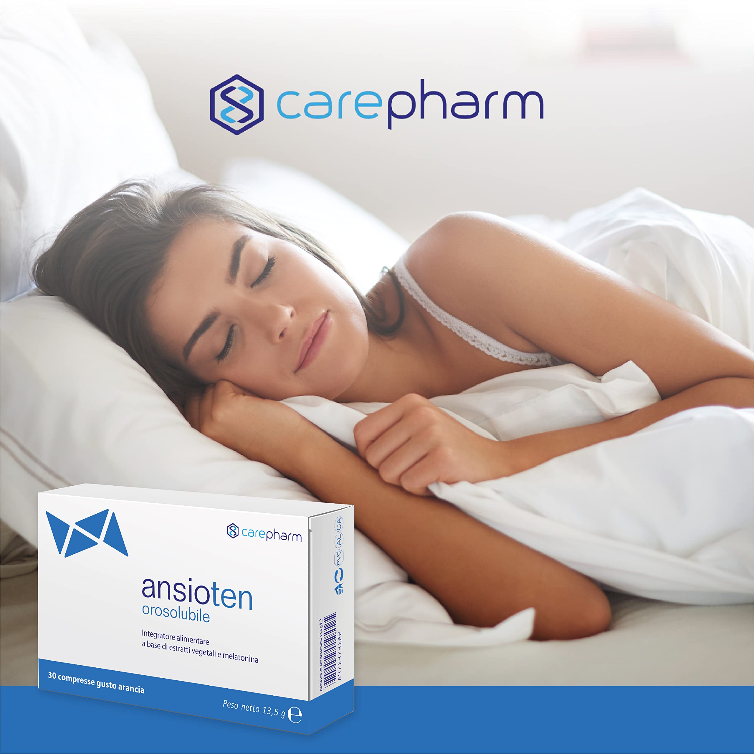 Carepharm, Ansioten Orosolubile, 30 Compresse di Integratore Alimentare a Base di Estratti Vegetali, Gusto Arancia, Favorisce il Rilassamento in Caso di Stress, Senza Zuccheri, Senza Lattosio, 30 g
