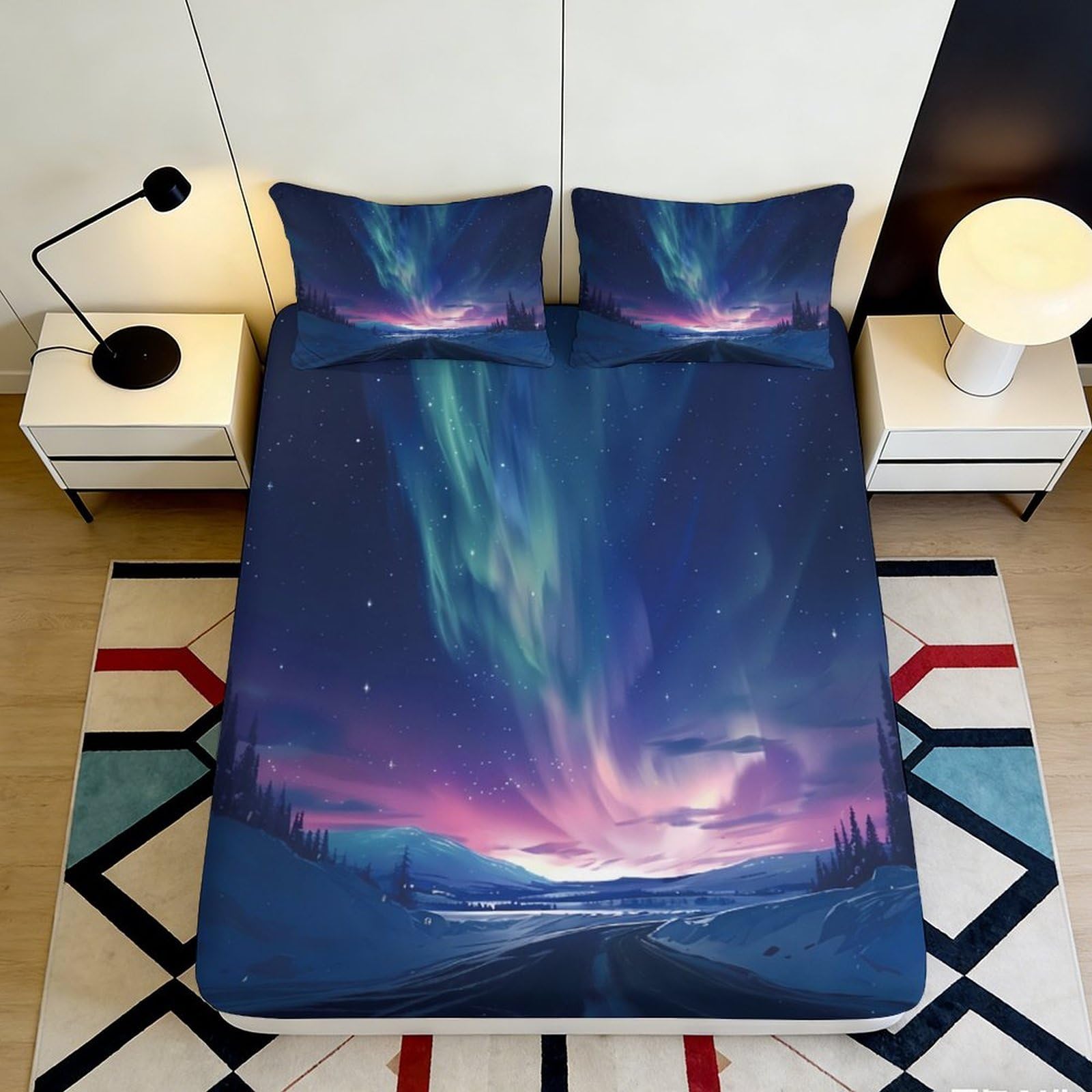 3D Printed Aurora Fitted Sheet Microfiber Deep Pocket Bedroom Bedding Aurora Mattress Fitted Cover Non-Slip Elastic Hem 160x200x25cm