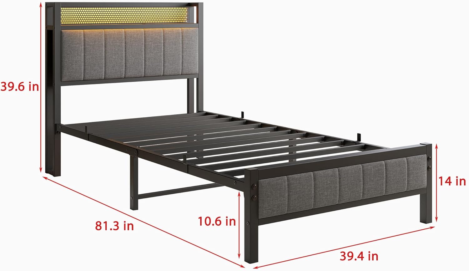 Twin Bed Frame with Charging Station and LED Lights,Upholstered Headboard with Storage Shelves,Metal Single Platform Bed Frame Twin Size with Strong Metal Slats Support No Box Spring Needed,Noise Free