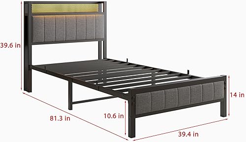 Miniatura 2 de Base de cama individual con estación de carga y luces LED, cabecera tapizada con estantes de almacenamiento, marco de cama de plataforma individual