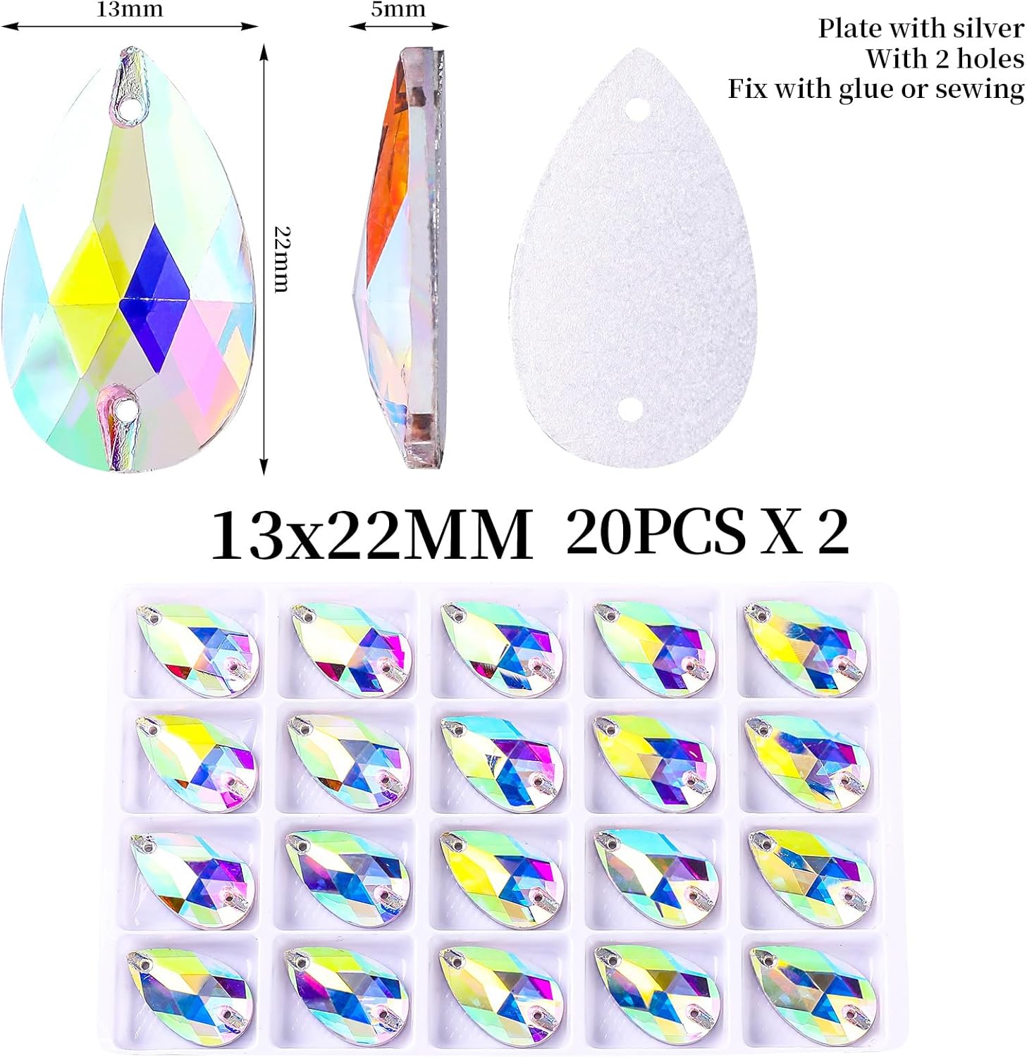 SWTHONY 40pcs 13 x 22mm AB Teardrop Sew On Rhinestones for Crafting, Large Crystal Glass Gems Silver Plated Flatback Jewels with 2 Holes for Crafts Clothes Fabric - Image 2