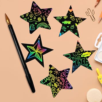 24PCS Scratch Art Kit, Rainbow Scratch Paper, DIY Scratch Art Set with Cards and Stylus, Party Bag Fillers and Party Favors for Classroom, Home, Travel, Creative Star Designs and Drawing Activities