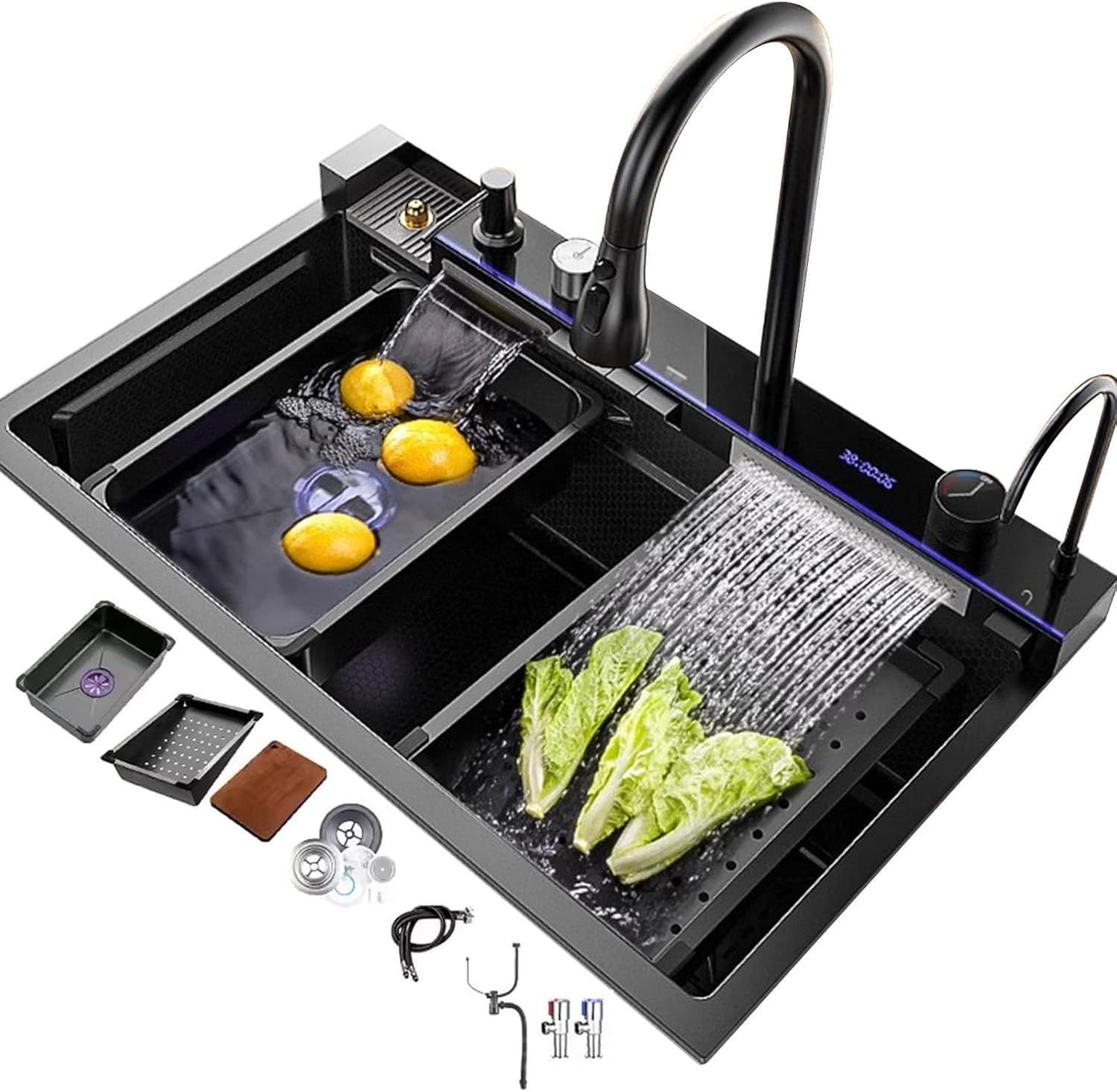 Évier de cuisine cuve unique inox 85 cm avec robinetterie cascade et accessoires de bac