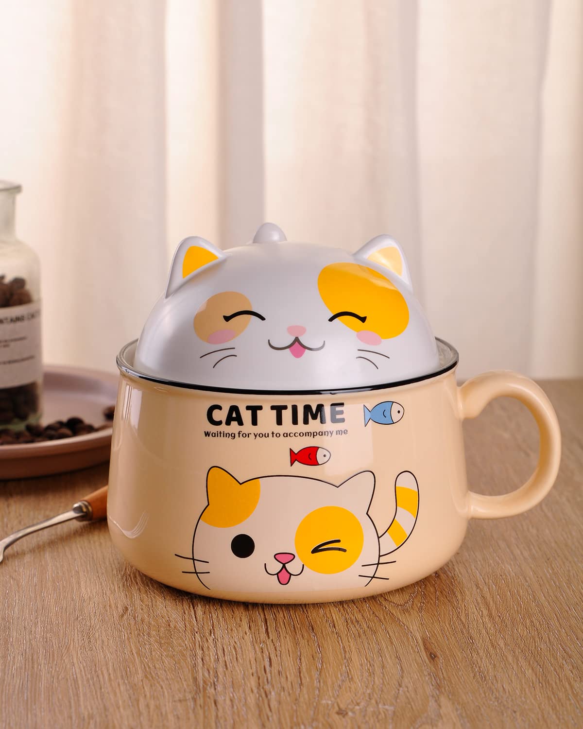 WHJY Lindo juego de cuencos para ramen, cuenco para ramen con tapa, cocina de ramen para microondas para tazas de sopa instantáneas de fideos ramen con tapa, 35 onzas, amarillo