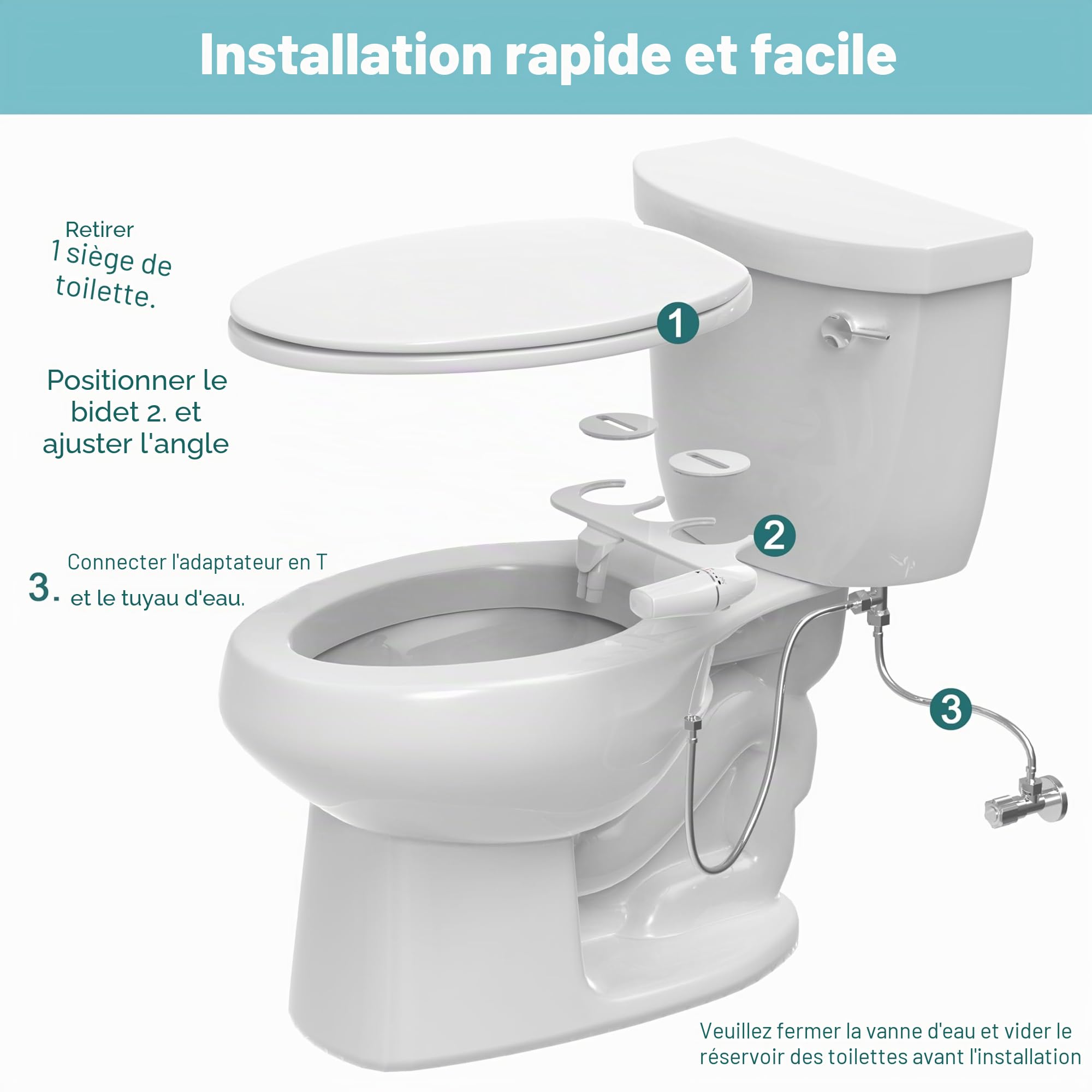 Toilette Japonaise Gauche - Bidet Toilette WC Gauche gauche non électrique ultra-mince pour toilette avec accessoire de toilette bidet à double buses，Nettoyage avant e（Tuyau de 1 mètre）