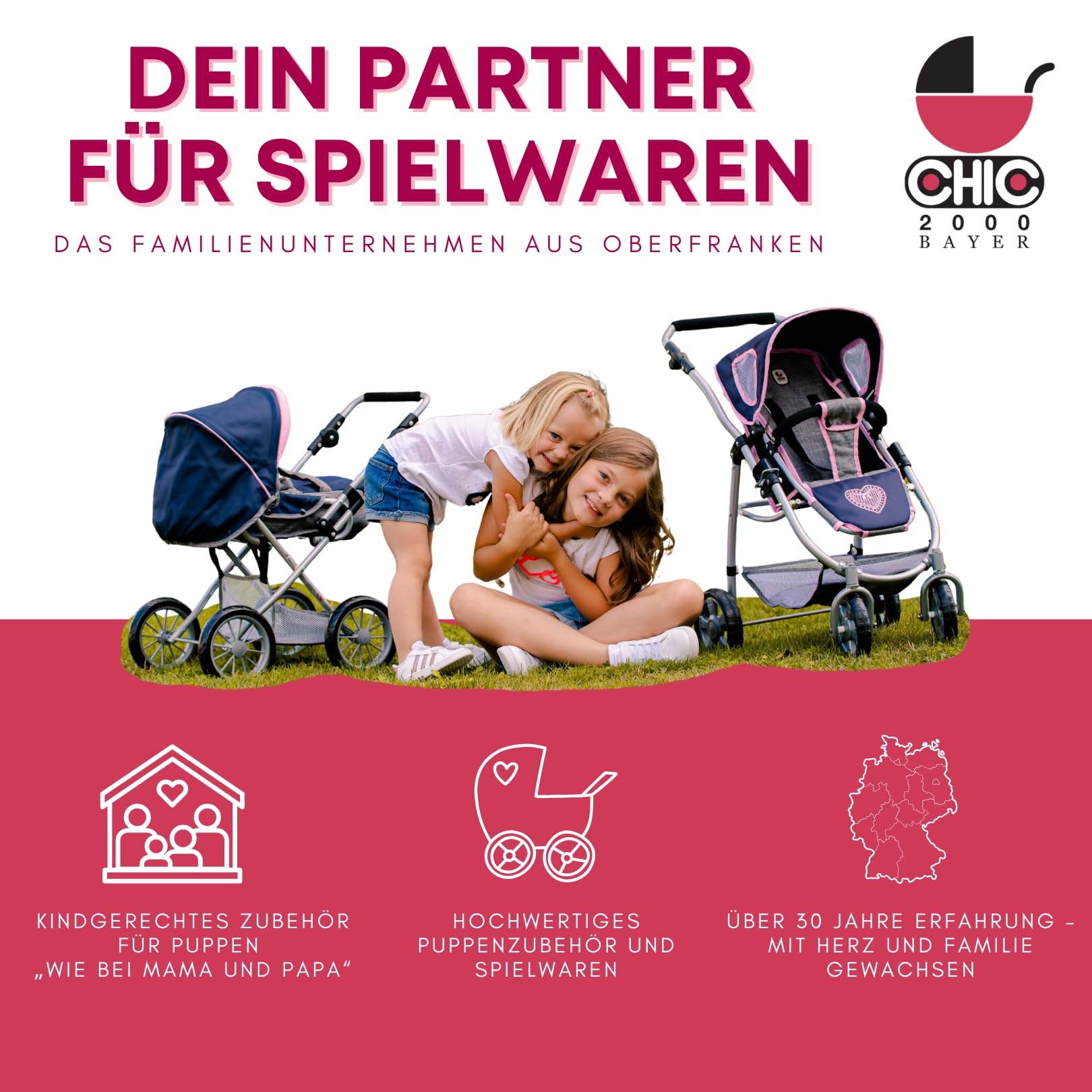 Bayer Chic 2000 2 w 1 wózek dla lalek Mila – dżinsy różowe – uchwyt z regulacją wysokości 39-72 cm – nowoczesny stelaż – lalki do 50 cm – 3-7 J.