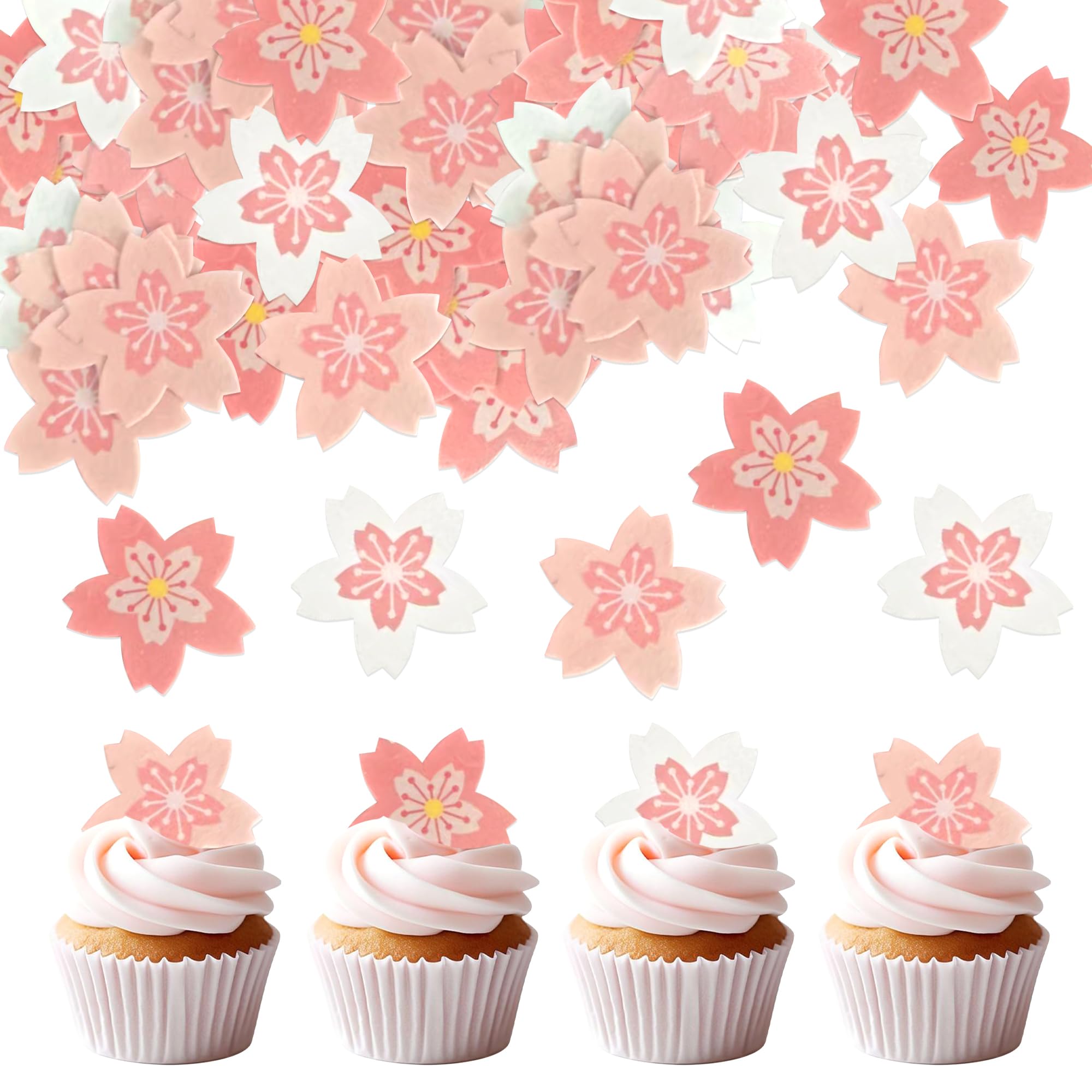 Ouksma 60 Pcs Edible Rice Paper Cherry Blossom Sakura Decorations for Cakes, Wafer Cupcake Toppers for Wedding, Birthday, Baby Shower (Cherry Blossom)