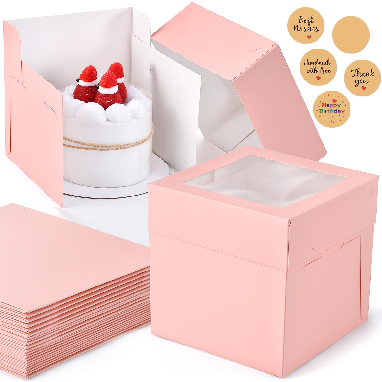 DOYIDE 12Pcs 6x6x6 Inches Small Cake Boxes, Pink Square Bakery Boxes with Window, Mini Cake Containers for Pastries, Cookies, Chocolates, Cupcakes,