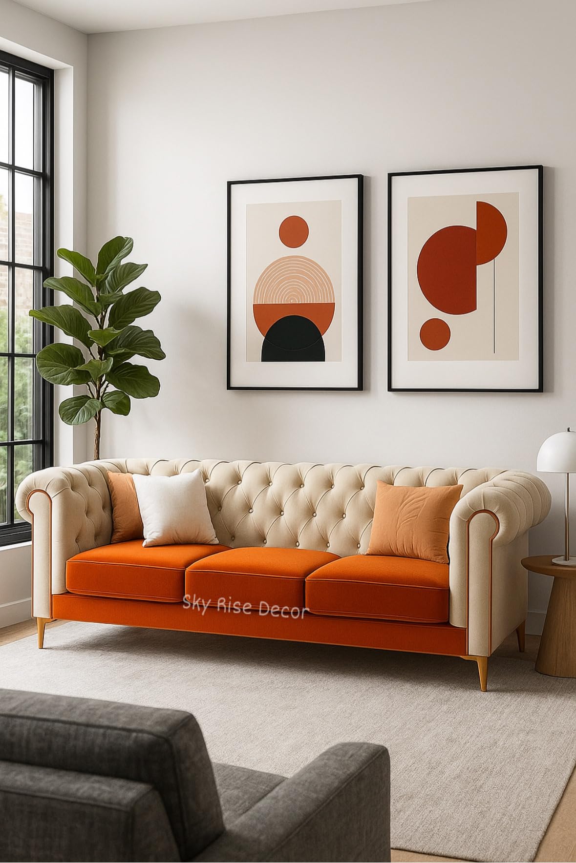 Modern Classic Sofa Couch Fabric & Valvet Tufted Chesterfield Sofa Living Room and Office (Orange & Beige 3 Seater)