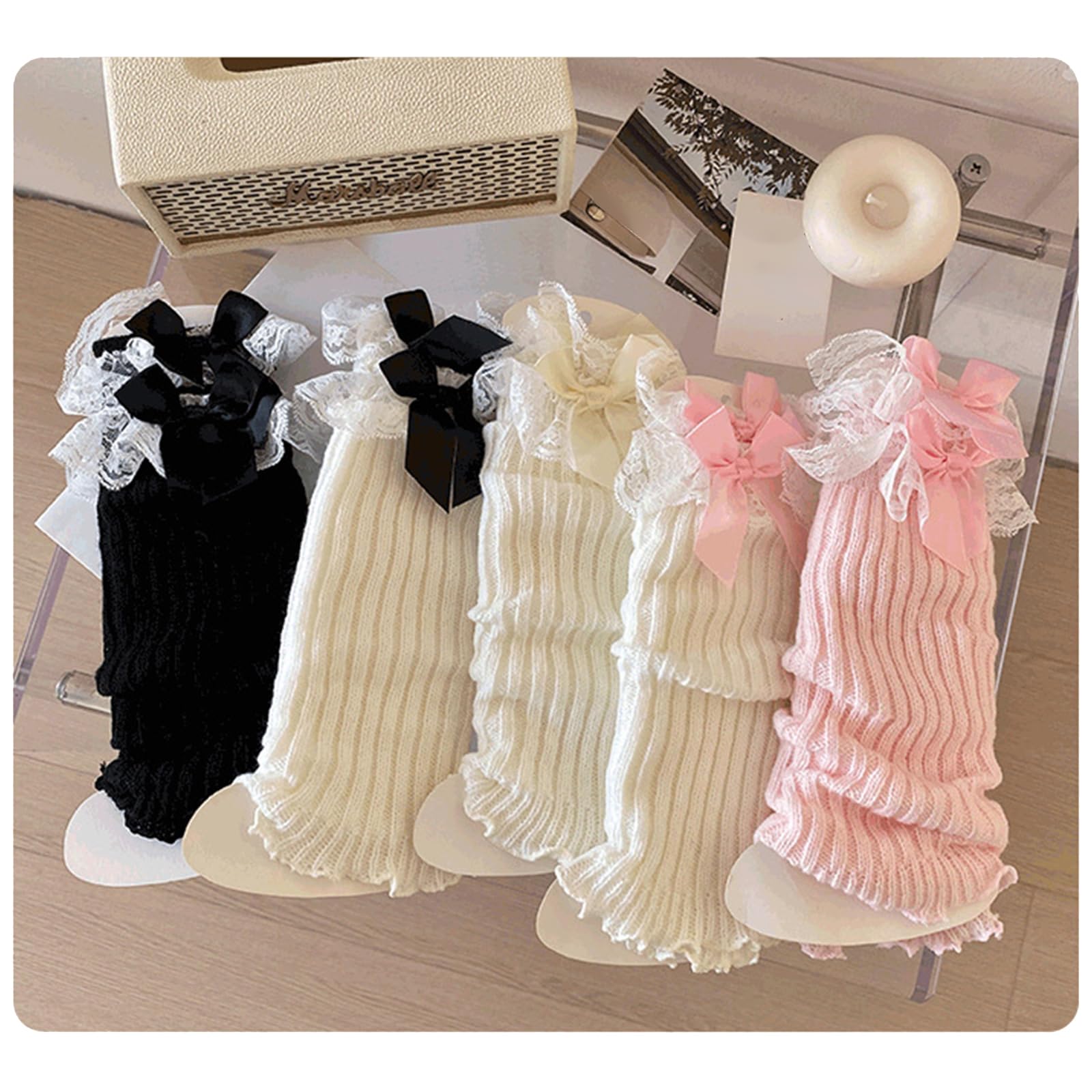 Scaldamuscoli fatti a mano all'uncinetto calzini con fiocco in pizzo per bambina calzini morbidi traspiranti caldi leggings dolci coprigambe