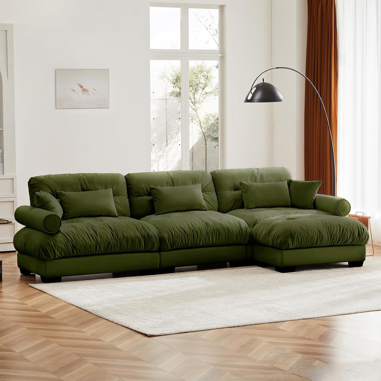 130"Oversized Couch, 3 Seater Modular Sectional Sofa, Olive Green Large L Shaped Sectional Couches for Living Room, Fluffy Couch Set, 3 Seater, Velvet Cloud Couches with Ottoman, Sofas for Living Room 3 Seater + 1 Ottoman Olive Green