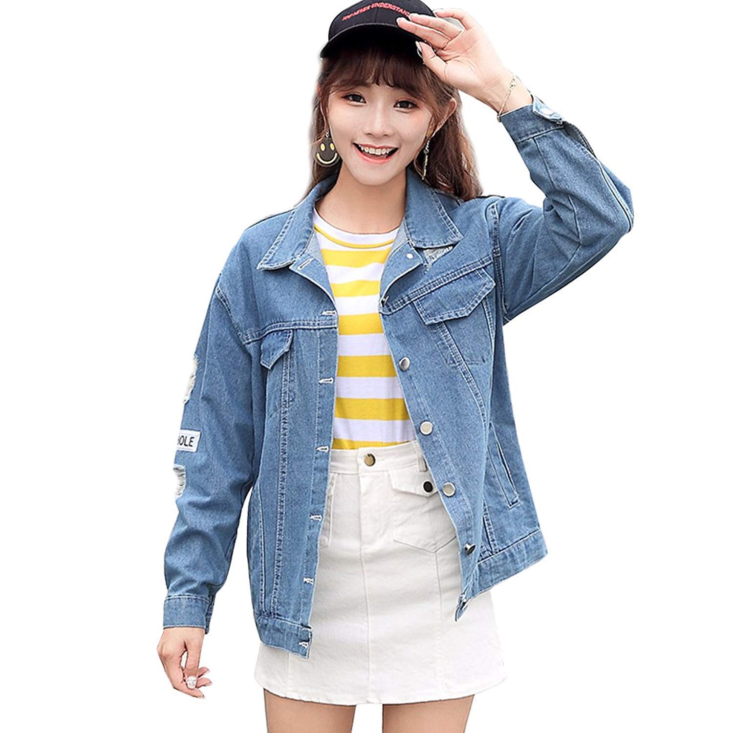 Huixin Dżinsowe kurtki damskie wiosna jesień moda łaty chłopak styl jeansowa kurtka retro elegancka zrelaksowany trend klapa długi rękaw koledż dżins płaszcz odzież wierzchnia dziewczyna, NIEBIESKI, M