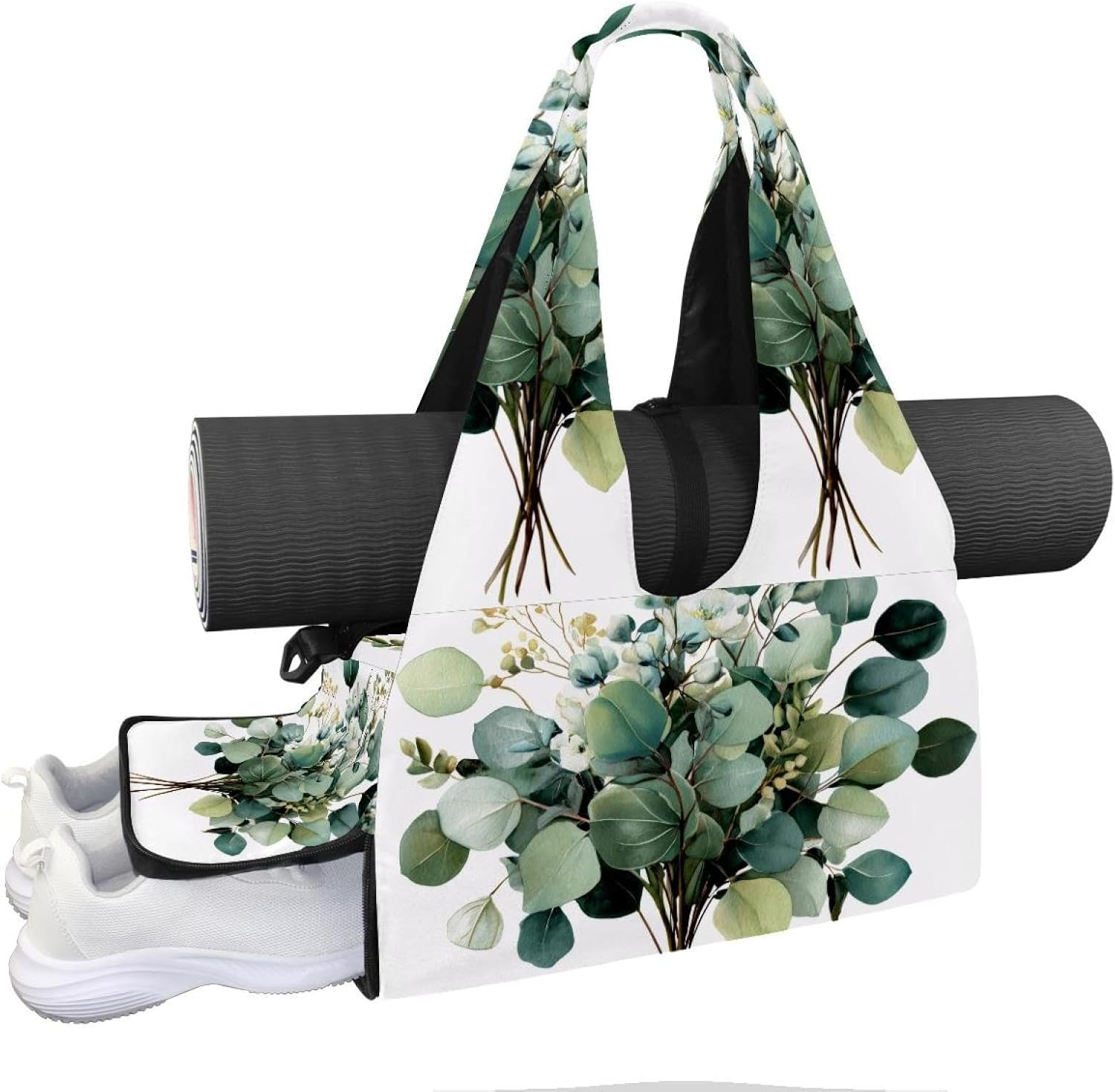 Yoga Mat Bag, Gym Workout Bag with Shoe Compartment, Sage Green Eucalyptus Pilates Bag for Women, Quick Access Storage Yoga Tote Bag for Sports Travel Office