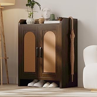 Mericonia Shoe Cabinet Storage for Entryway, Natural Rattan Storage Cabinet, Wooden Shoe Rack, Farmhouse Boho Wood Shoe Organizer Cabinet for Hallway Walnut