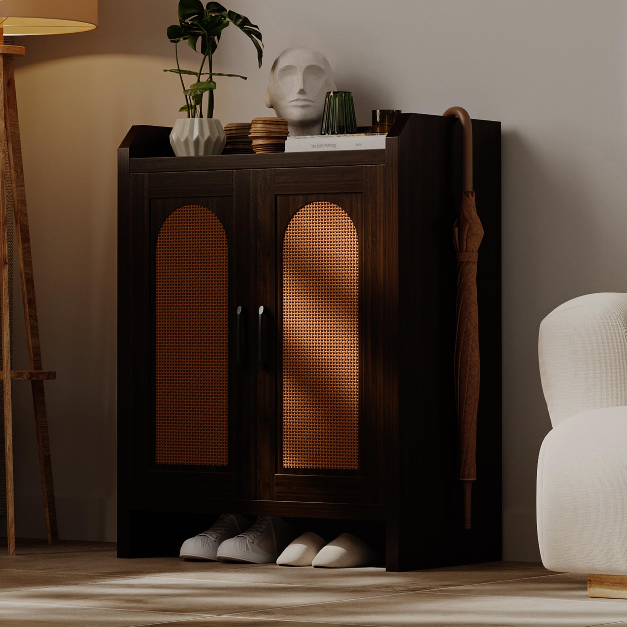 Mericonia Shoe Cabinet Storage for Entryway, Natural Rattan Storage Cabinet, Wooden Shoe Rack, Farmhouse Boho Wood Shoe Organizer Cabinet for Hallway Walnut