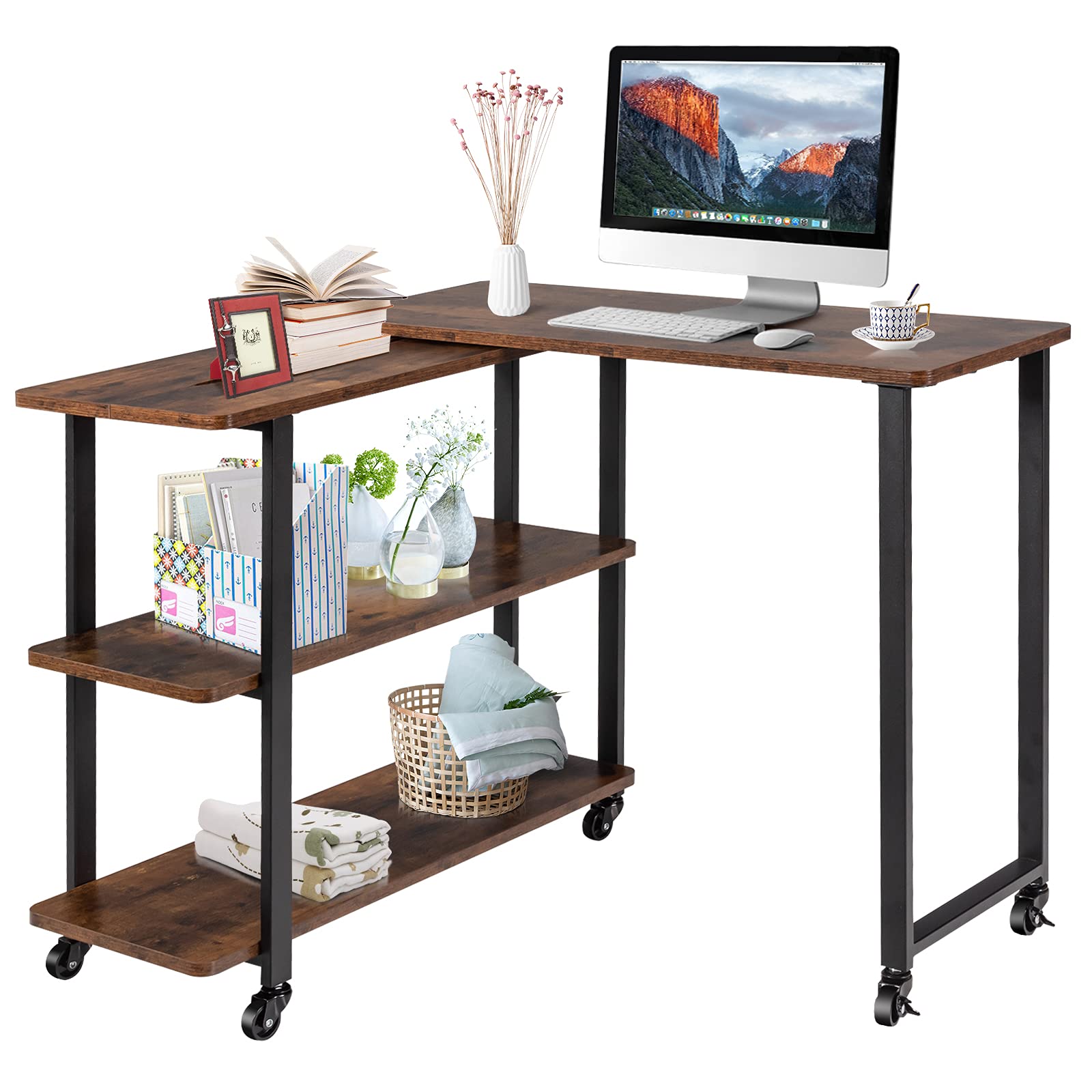COSTWAY Mesa Auxiliar para Trabajo de Giratorio 360°,71,5 x 80 x 67 cm, Mesa de Salón de 3 Niveles con Ruedas, Escritorio Extensible de Oficina, Mesa de Esquina(Marrón)