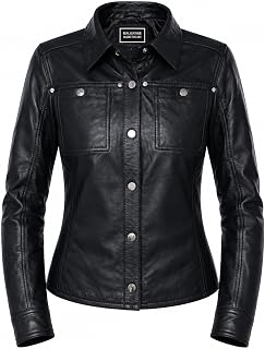 Jild Womens Button Front Lambskin Leather Jacket Shacket - Casual Shirt Long Sleeve Leather Jacket Women with Bust Pocket