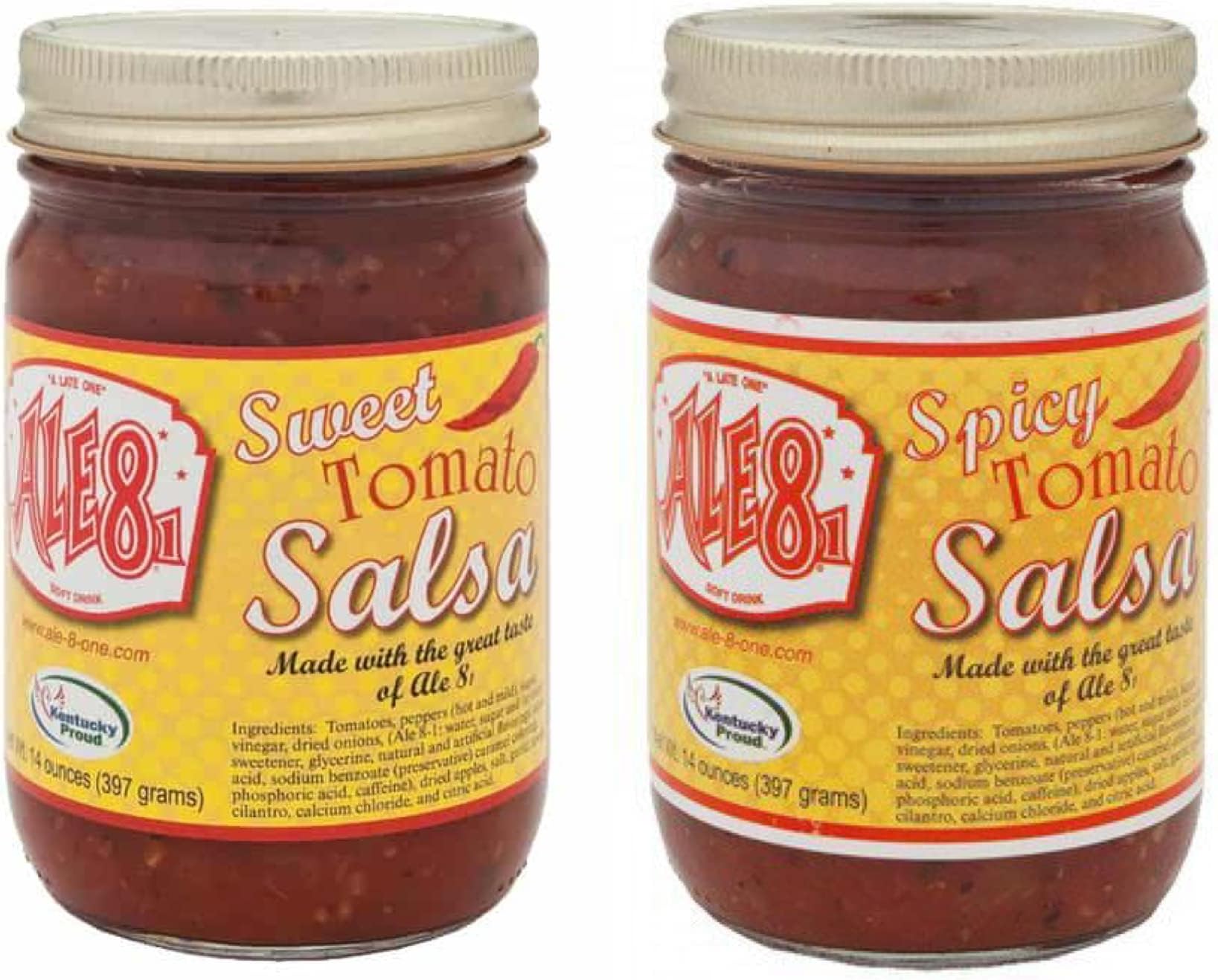 Ale 8 One Salsa Bundle, One 14oz Sweet Tomato Salsa, One 14oz Spicy Tomato Salsa, Pack of 2.