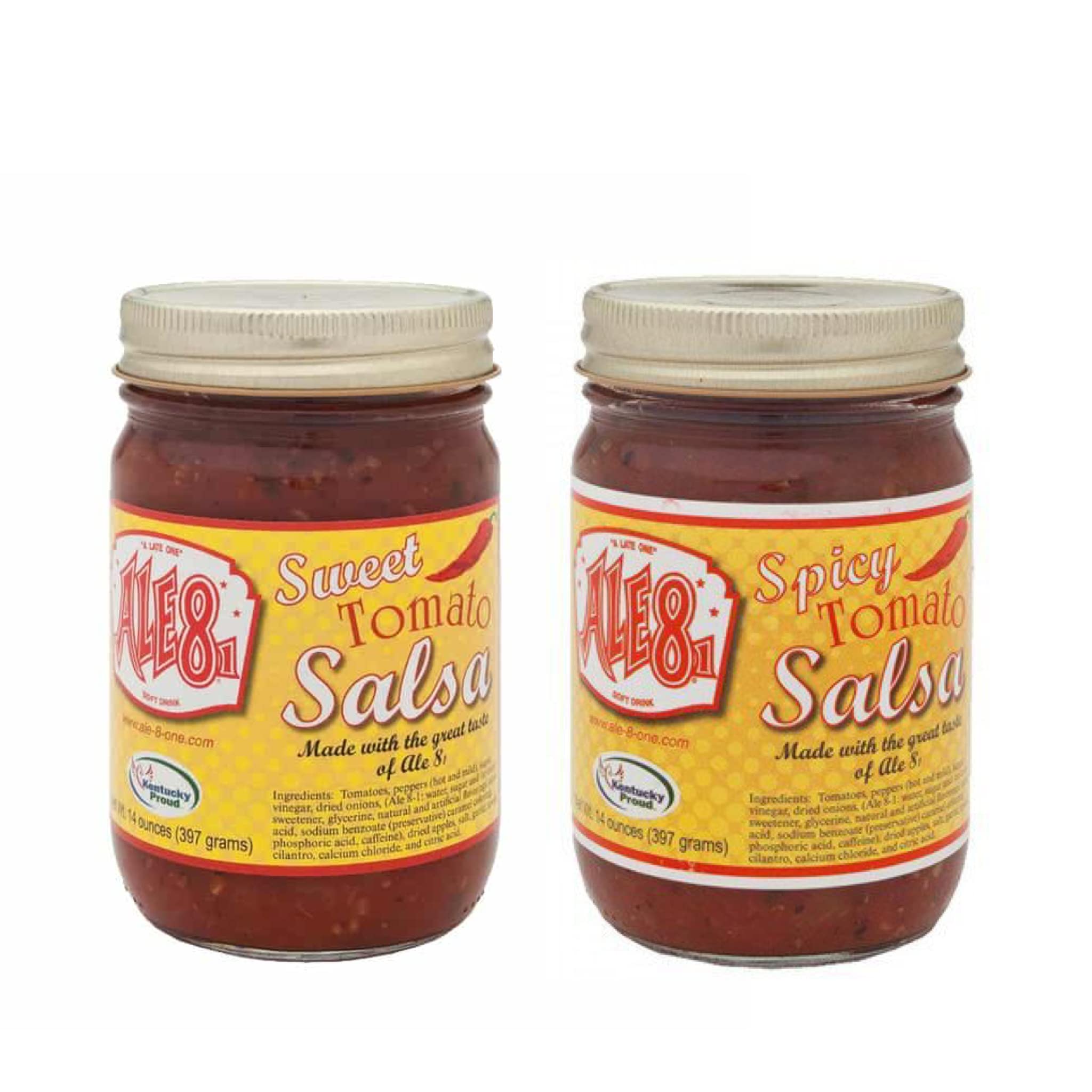Ale 8 One Salsa Bundle, One 14oz Sweet Tomato Salsa, One 14oz Spicy Tomato Salsa, Pack of 2.