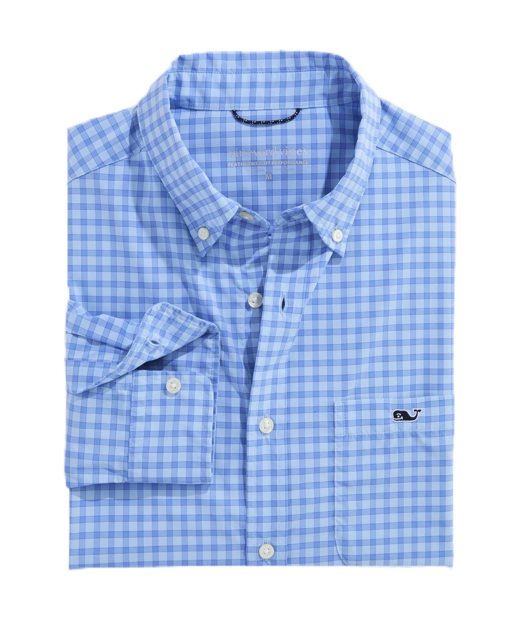 Vineyard Vines Mens Lemon Shark Gingham Featherweight Performance Shirt, Jake Blue, XL