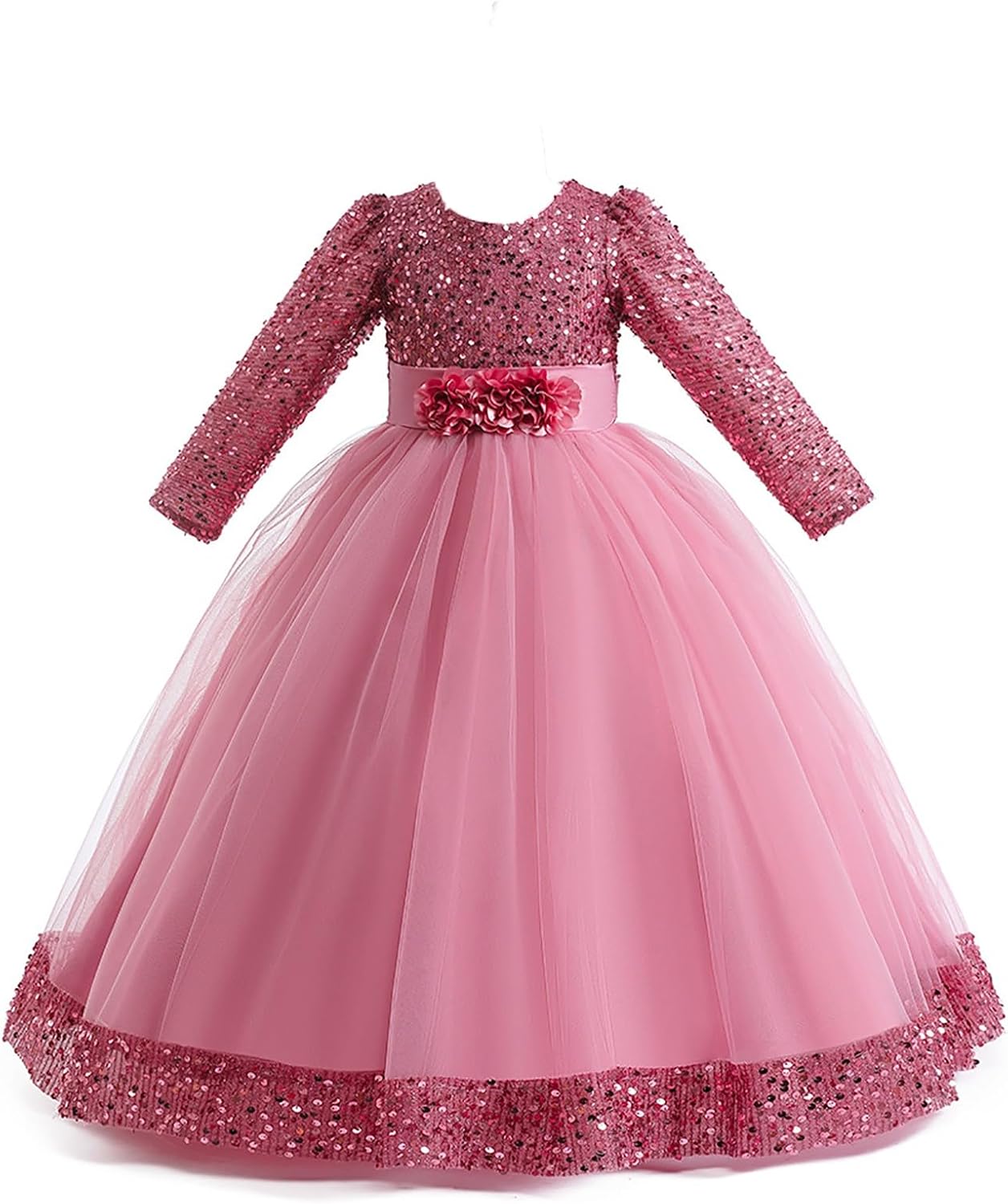 Flower Dress for Girls Sequin Embroidery Wedding Birthday Long Sleeve Elegance Dresses Princess Pageant Ruffle Gown