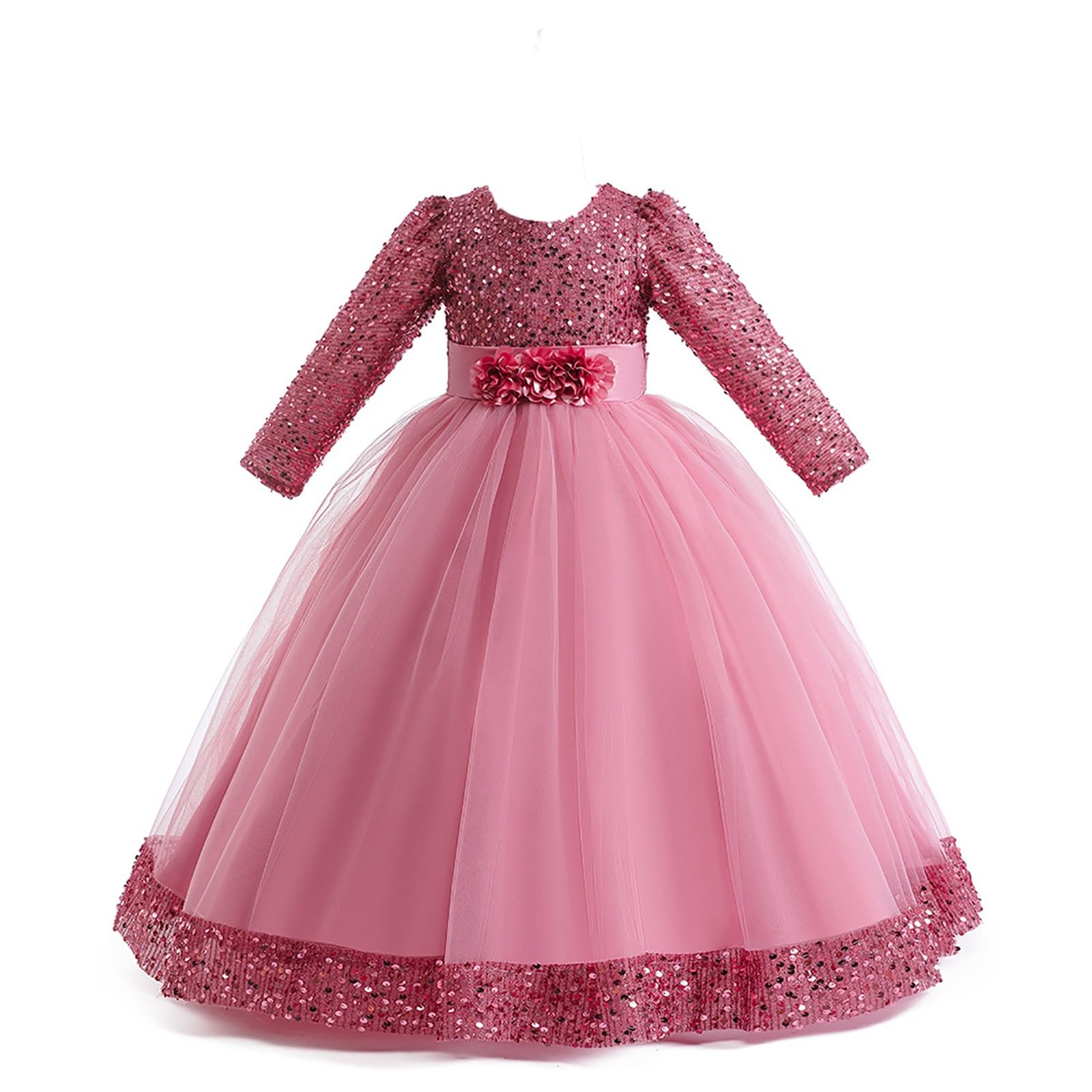 Abito da ragazza a fiori a maniche lunghe in tulle con paillettes abiti da concorso per bambini compleanno damigella d'onore festa di nozze abito formale da ballo