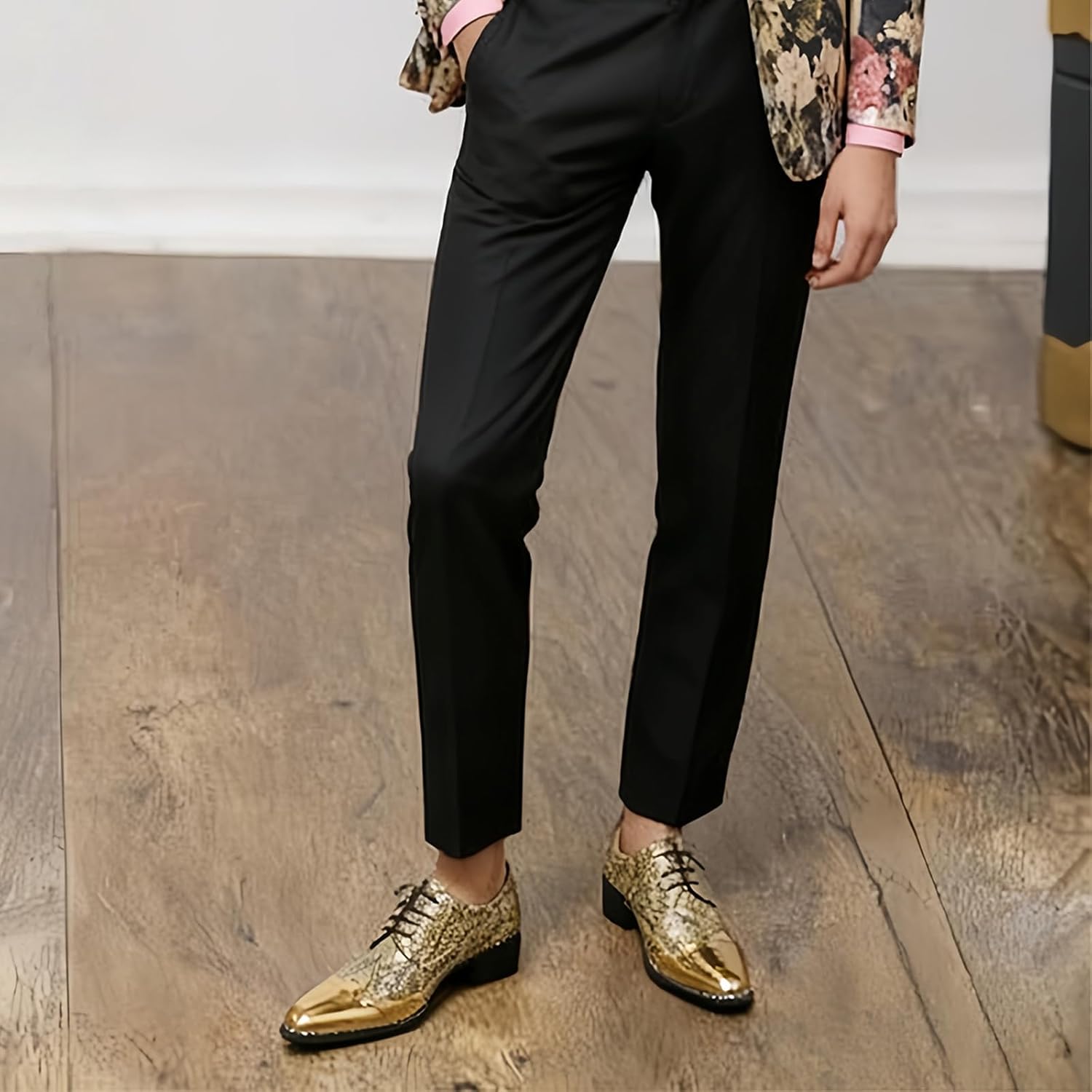 Men's Sparkly Snakeskin Point Toe Brogue Oxford Shoes with Metal Decoration Comfortable Soft Sole Lace Up Block Heel Low Top Chelsea Boots Non Slip Weddings Party Dress Derby Shoes - Image 6